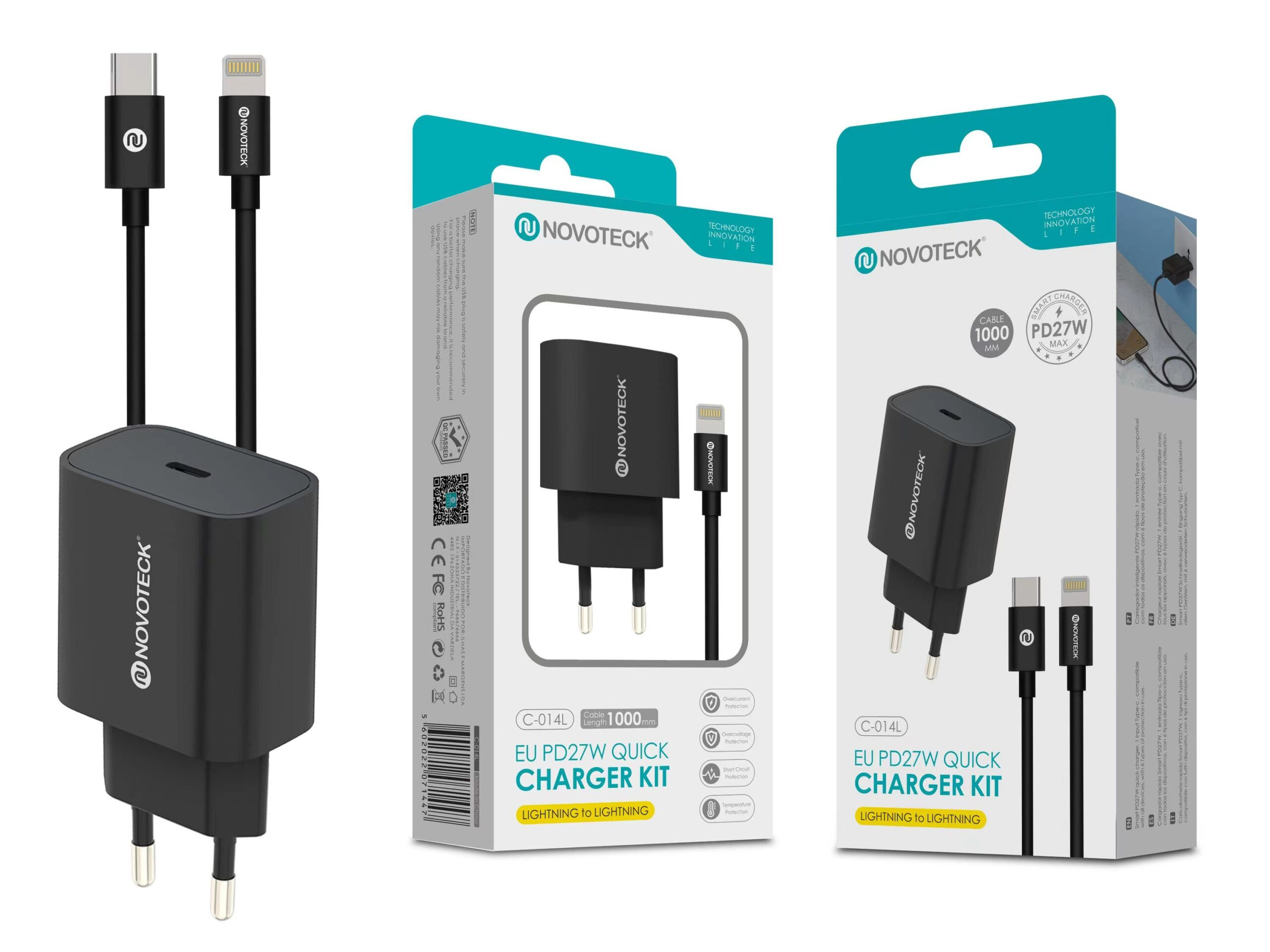 La imagen muestra un kit de cargador negro con un cargador y dos cables diferentes, todos etiquetados Novoteck.