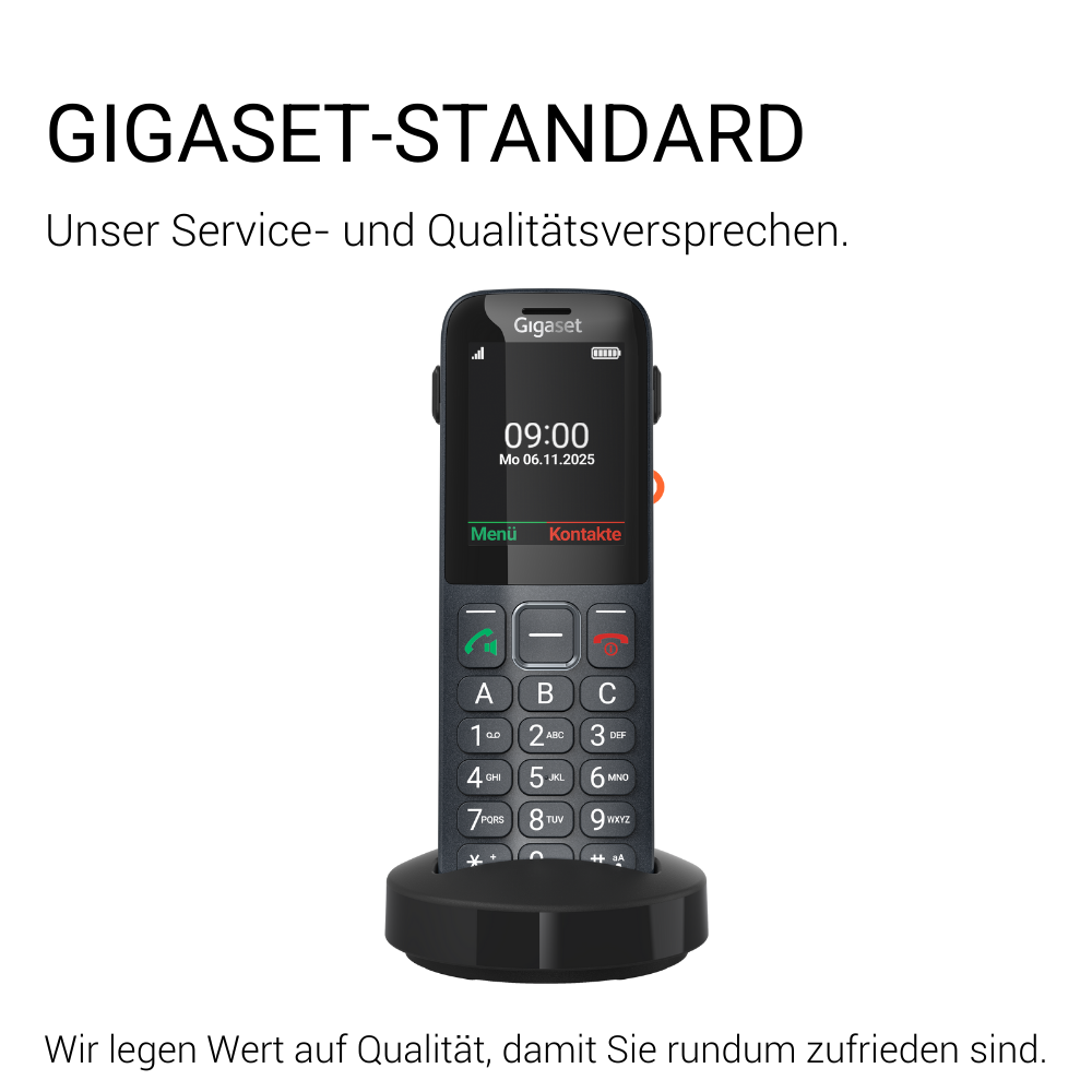 Ein Gigaset-Telefon auf einem Ladegerät. Der Bildschirm zeigt Uhrzeit und Datum. Das Telefon hat Tasten und einen Lautsprecher.