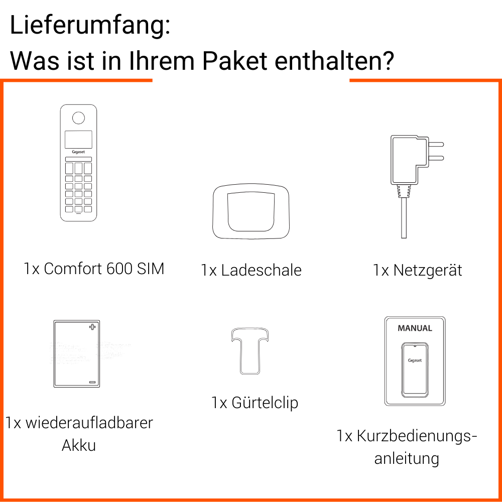 Umrissenes Telefon, Ladegerät, Akku, Basisstation und Handbuch. Alles sind Schwarz-Weiß-Strichzeichnungen auf schwarzem Hintergrund.