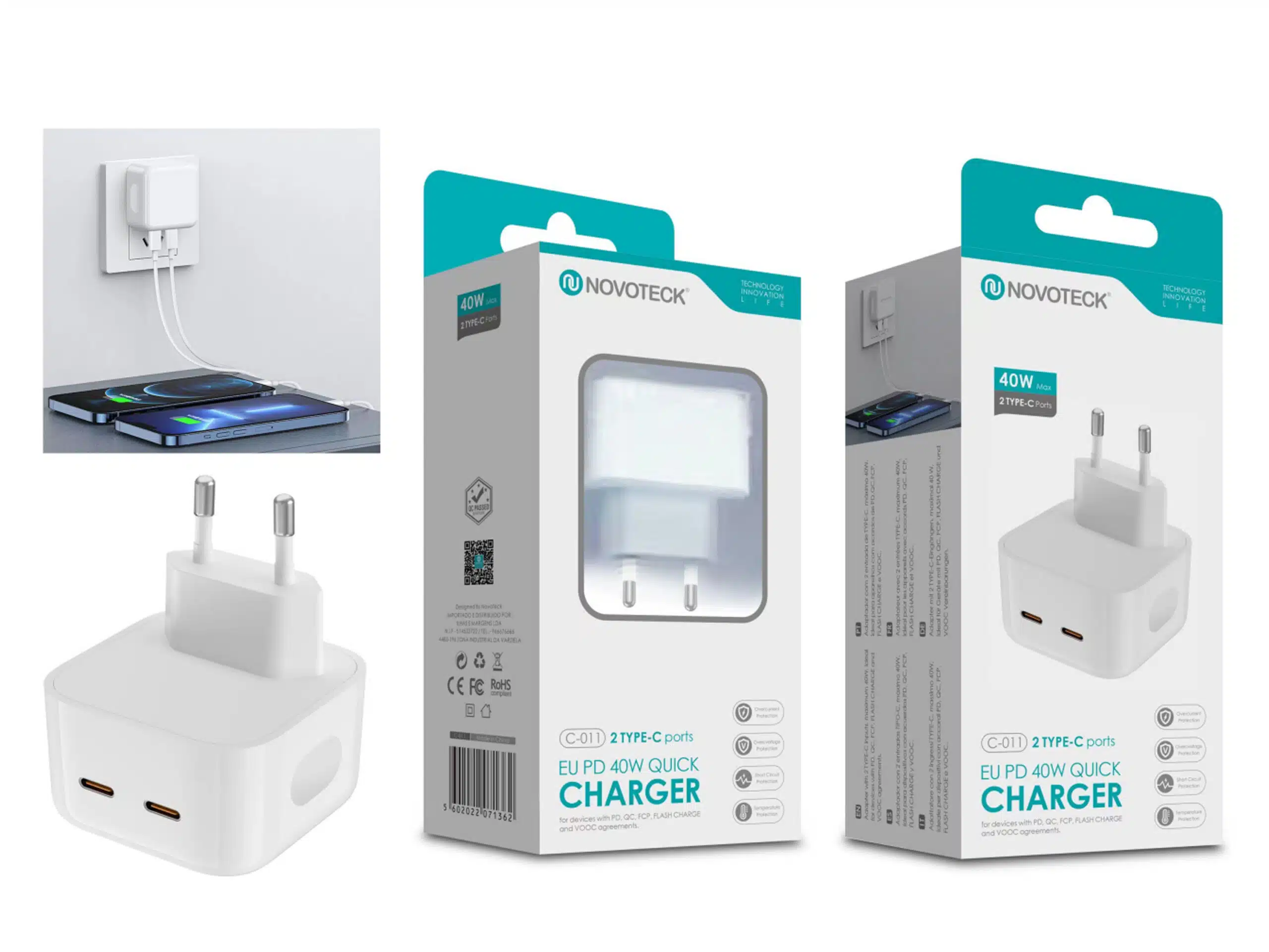 Cargador blanco con dos puertos Tipo-C. La caja muestra el cargador, 40W y la marca Novoteck.