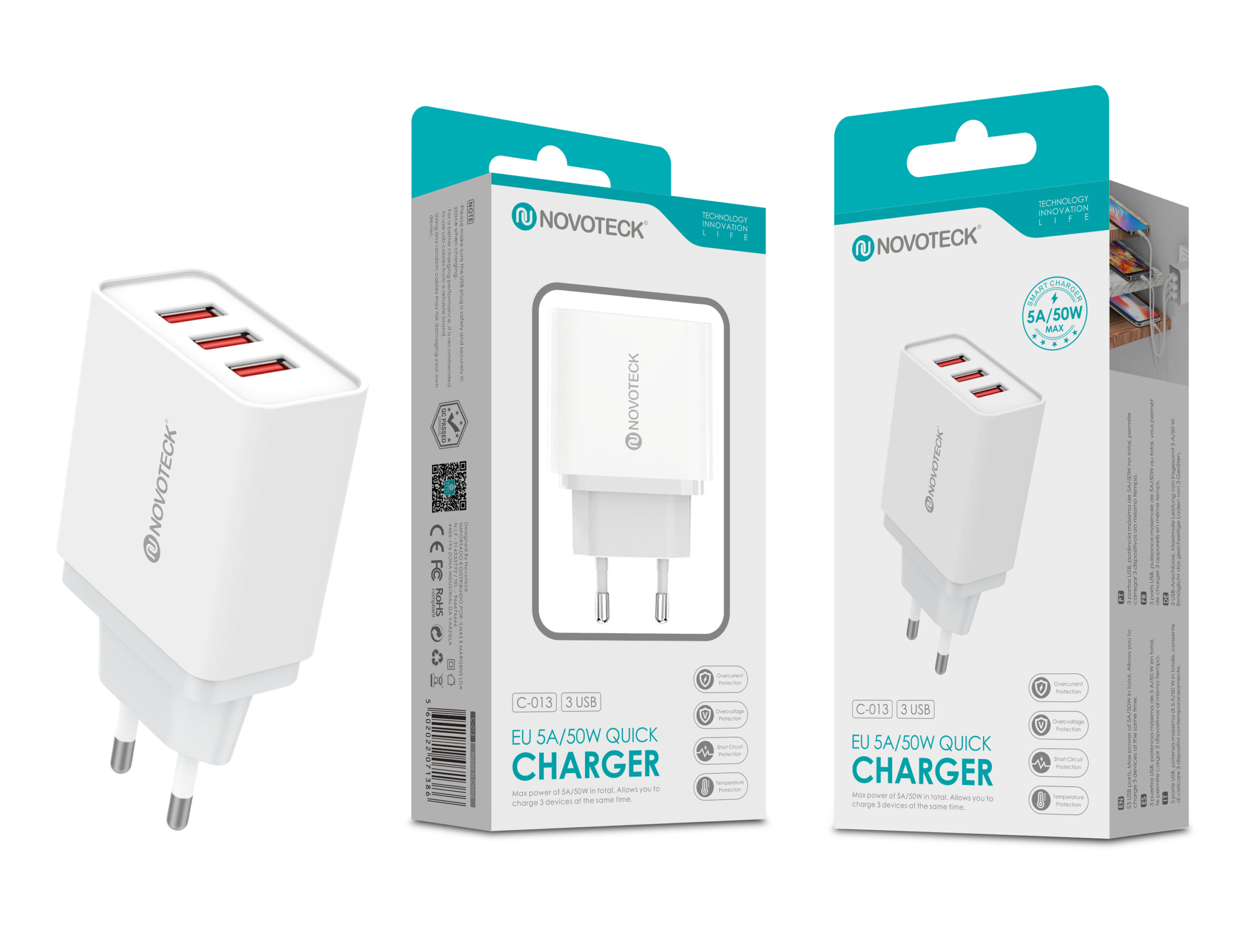Tres cargadores USB blancos, puertos rojos, dos cajas de embalaje con texto.