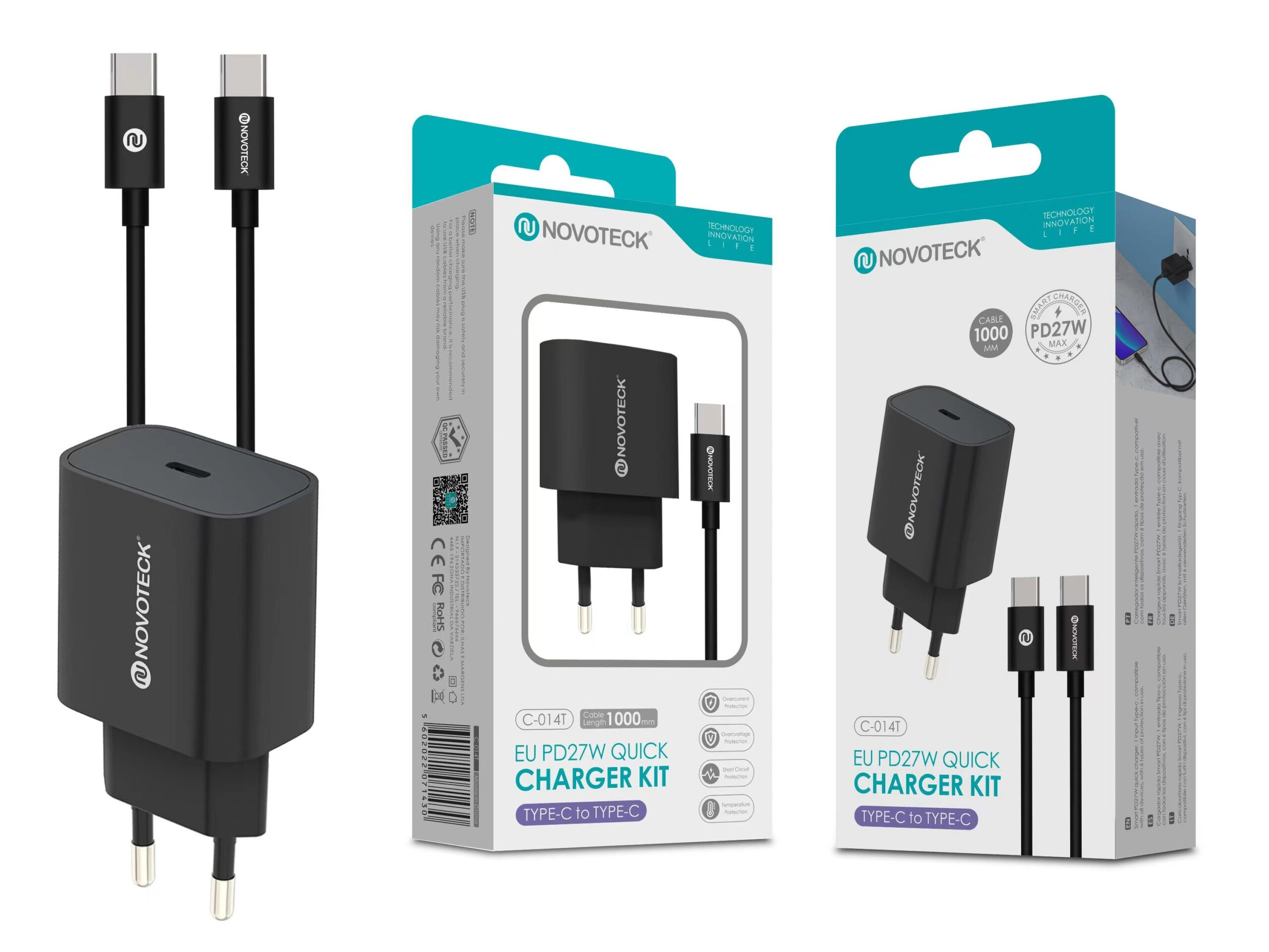 La imagen muestra un kit de cargador negro con cargador y cable. El embalaje está a la izquierda y a la derecha.