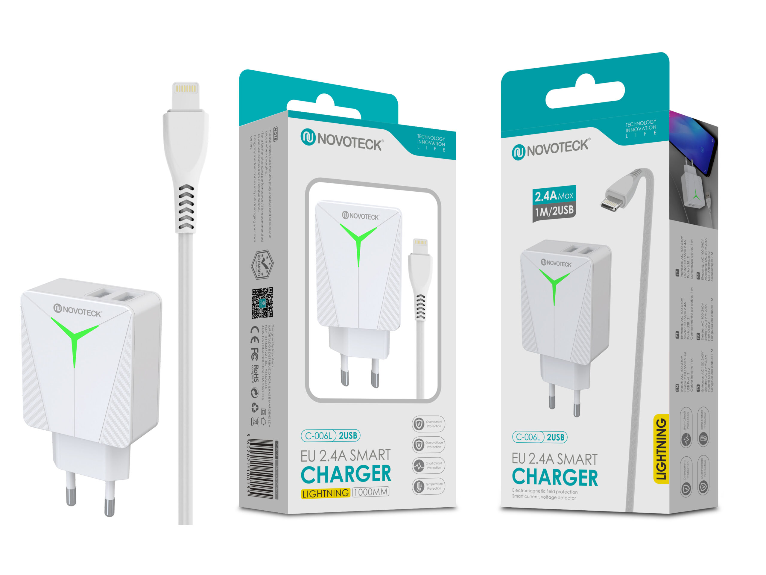 Caja del producto con cargador, cable y adaptador. El texto incluye la marca, especificaciones del cargador e información del cable Lightning.