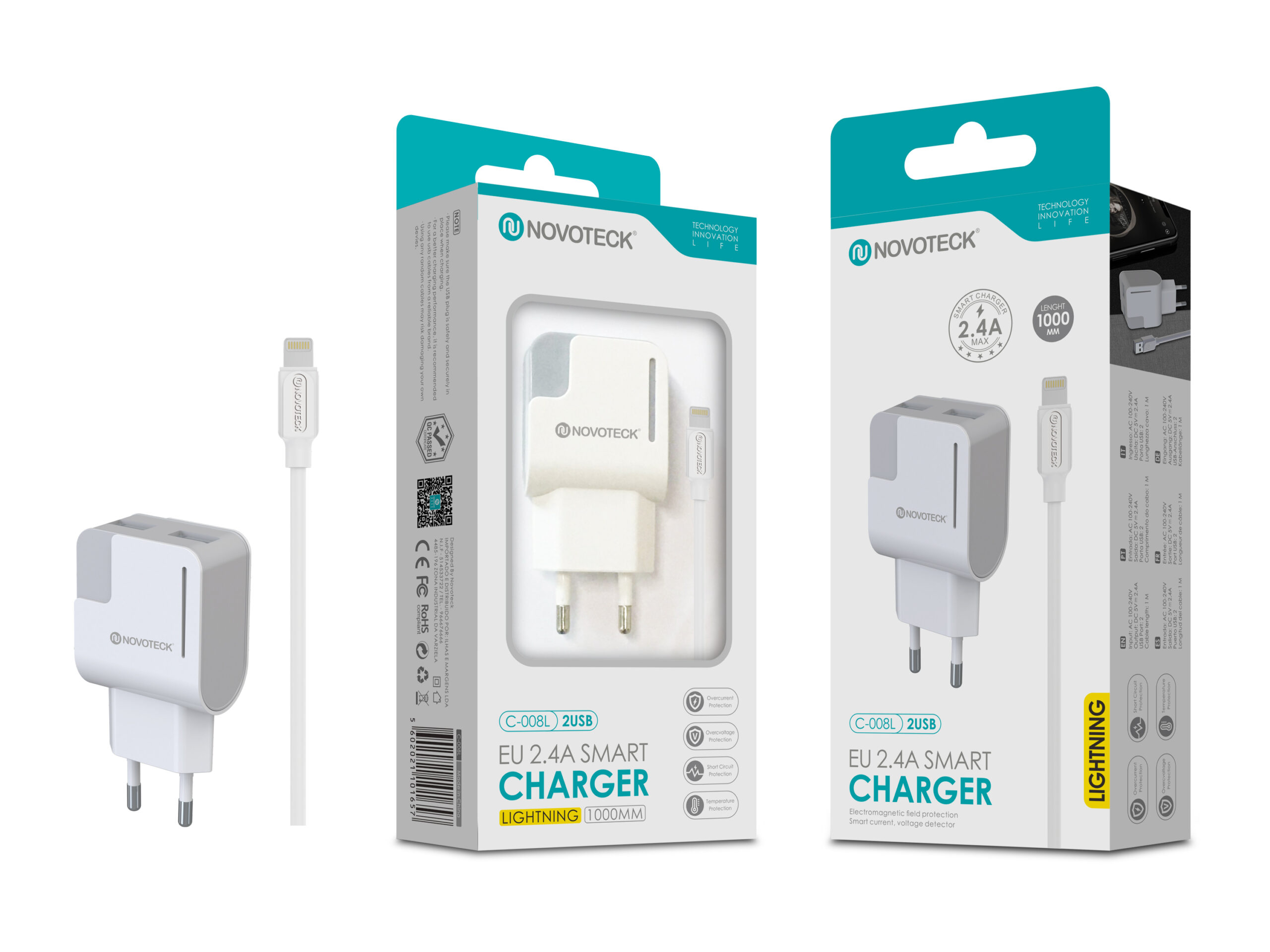 La imagen muestra un cargador y cable blanco frente a su caja. La caja es blanca y verde azulado, mostrando las características del cargador.
