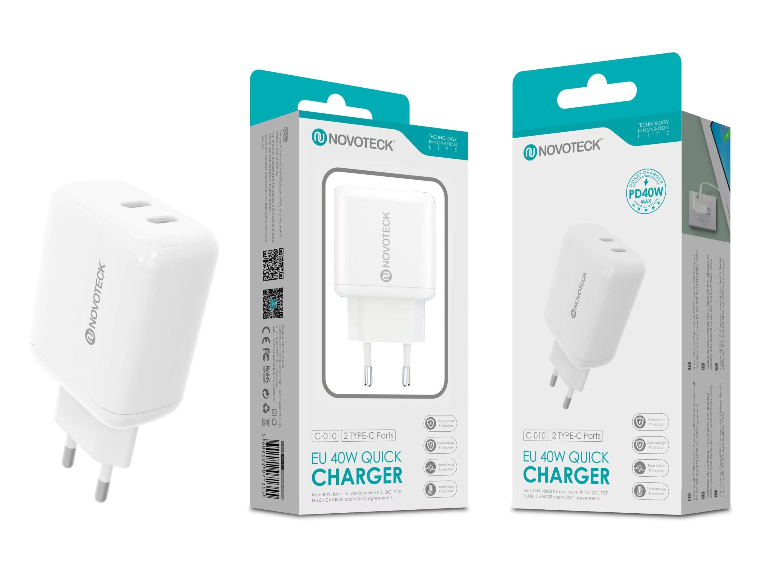 Due caricabatterie bianchi Novoteck su scatole, con testo e un badge PD40W Smart Charger.