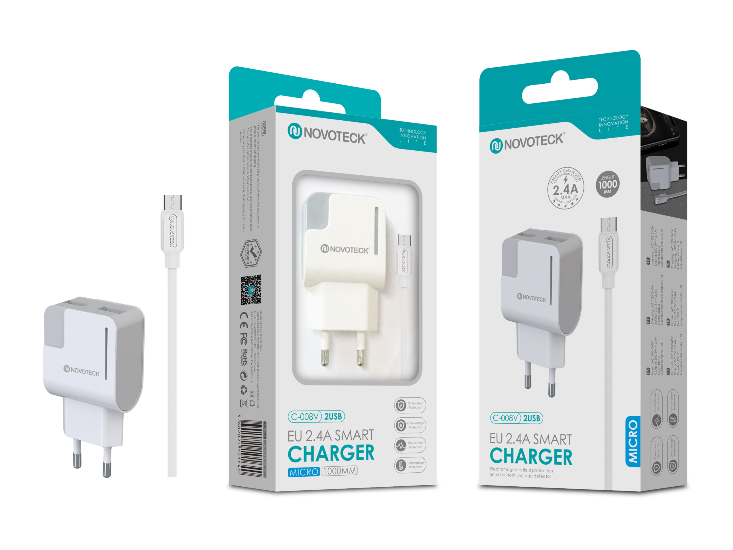 Toma del cargador Novoteck. El cargador y el cable son blancos. Embalaje en ambos lados.