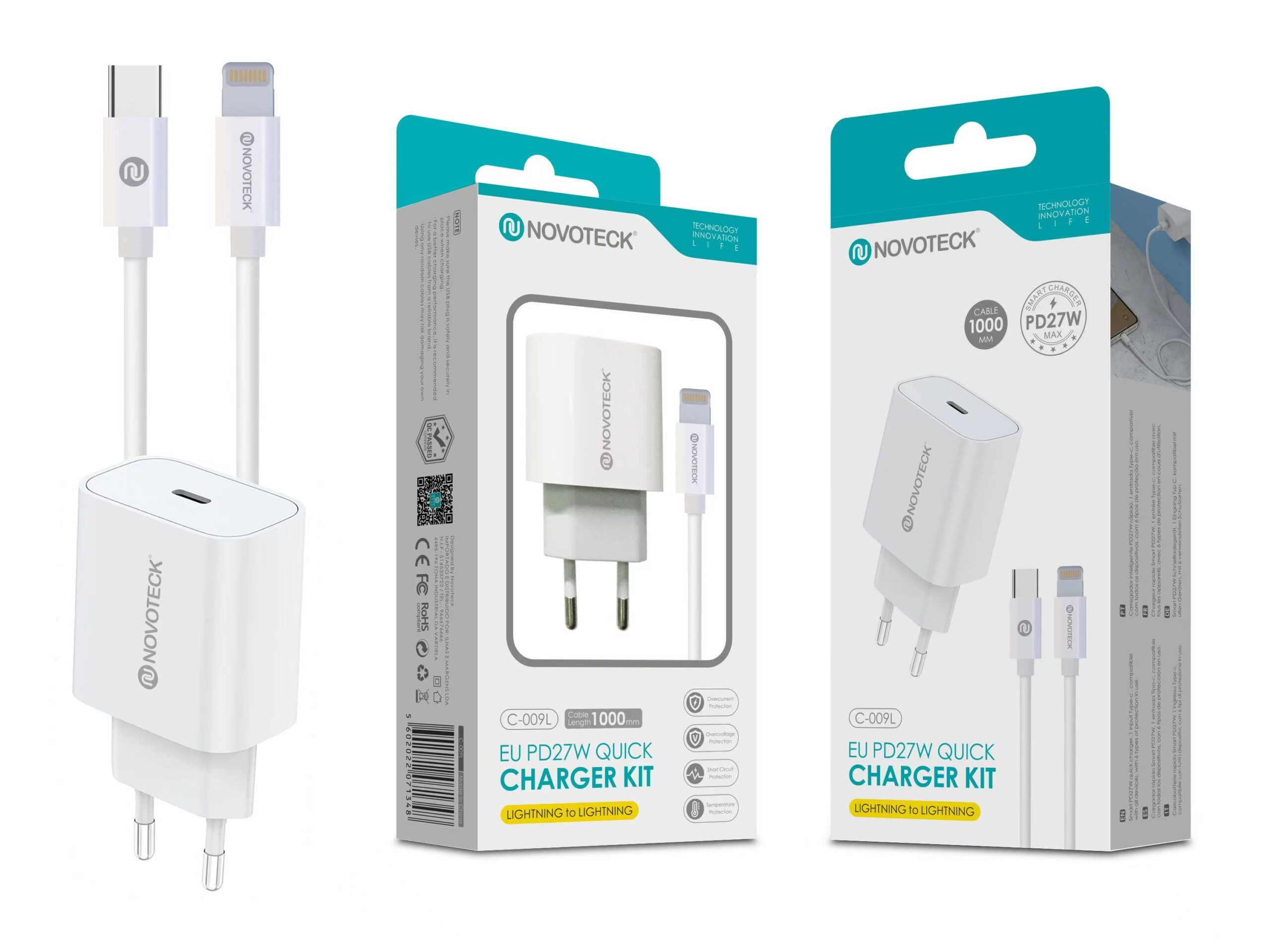 Se muestran tres cajas blancas con kits de cargador y cables. El nombre de la marca Novoteck es visible.