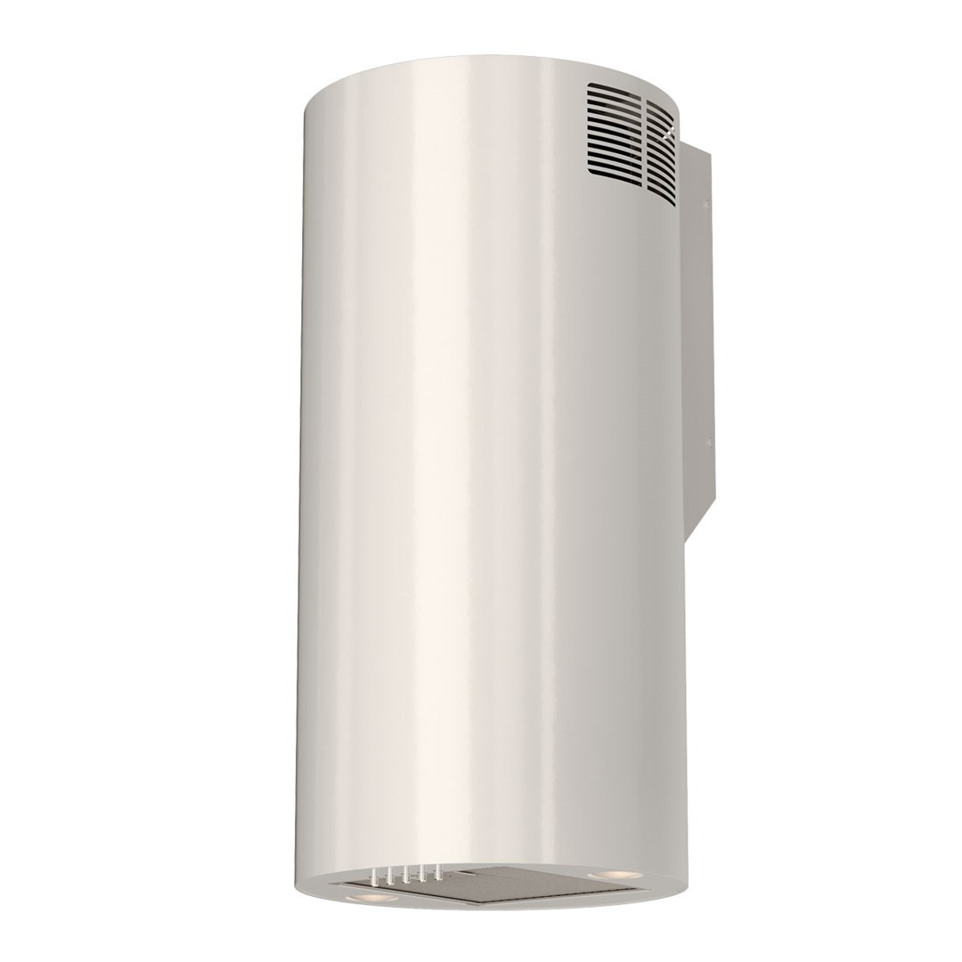 Biały, cylindryczny okap kuchenny na białym tle. Ma otwór wentylacyjny i światła na dole.