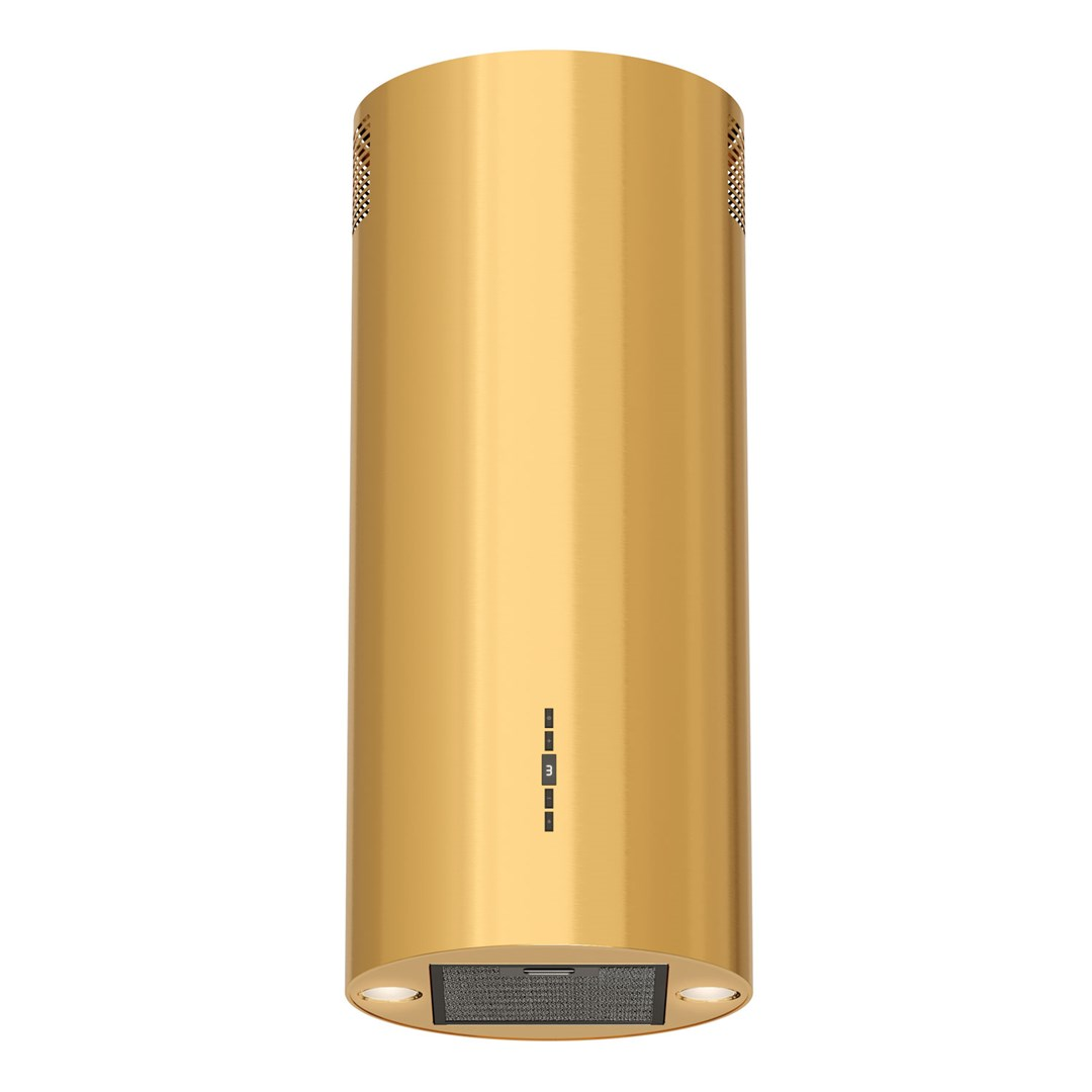 Złoty, cylindryczny okap kuchenny. Ma otwór wentylacyjny na dole, światła i panel sterowania ze wskaźnikami.