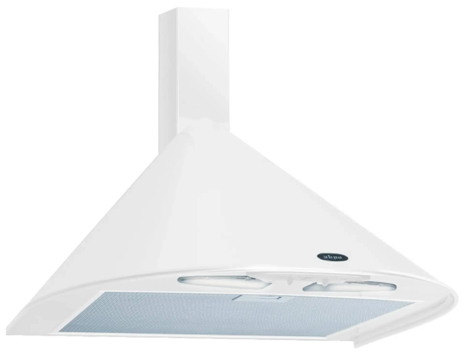 Biały okap kuchenny w kształcie stożka z kominem. Posiada filtr z metalowej siatki i logo 'alpa'.