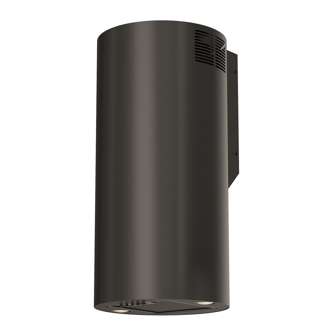 Ciemnoszary, cylindryczny okap kuchenny wisi na białym tle. Ma otwory wentylacyjne u góry, światła na dole i czarną płytę montażową.