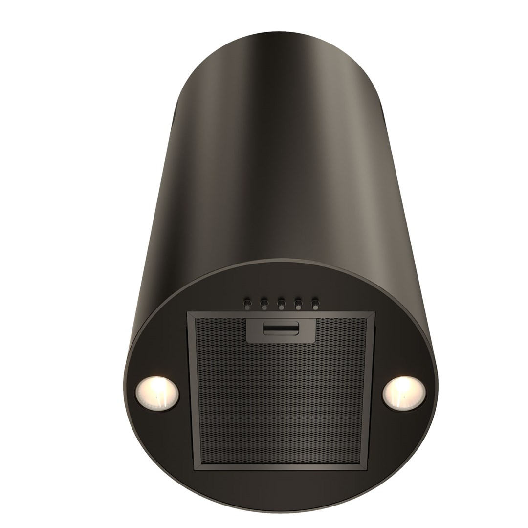 Czarny, cylindryczny okap kuchenny. Ma kratkę wentylacyjną, pokrętła i dwa światła na dole.