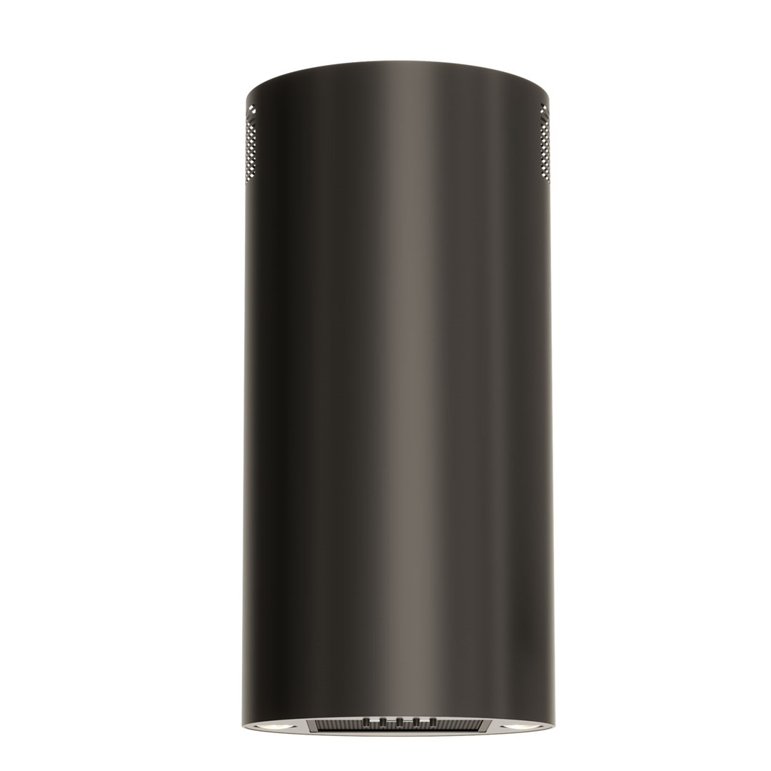 Ciemnoszary cylindryczny okap kuchenny, odizolowany na białym tle. Ma perforowaną górę i światło na dole.