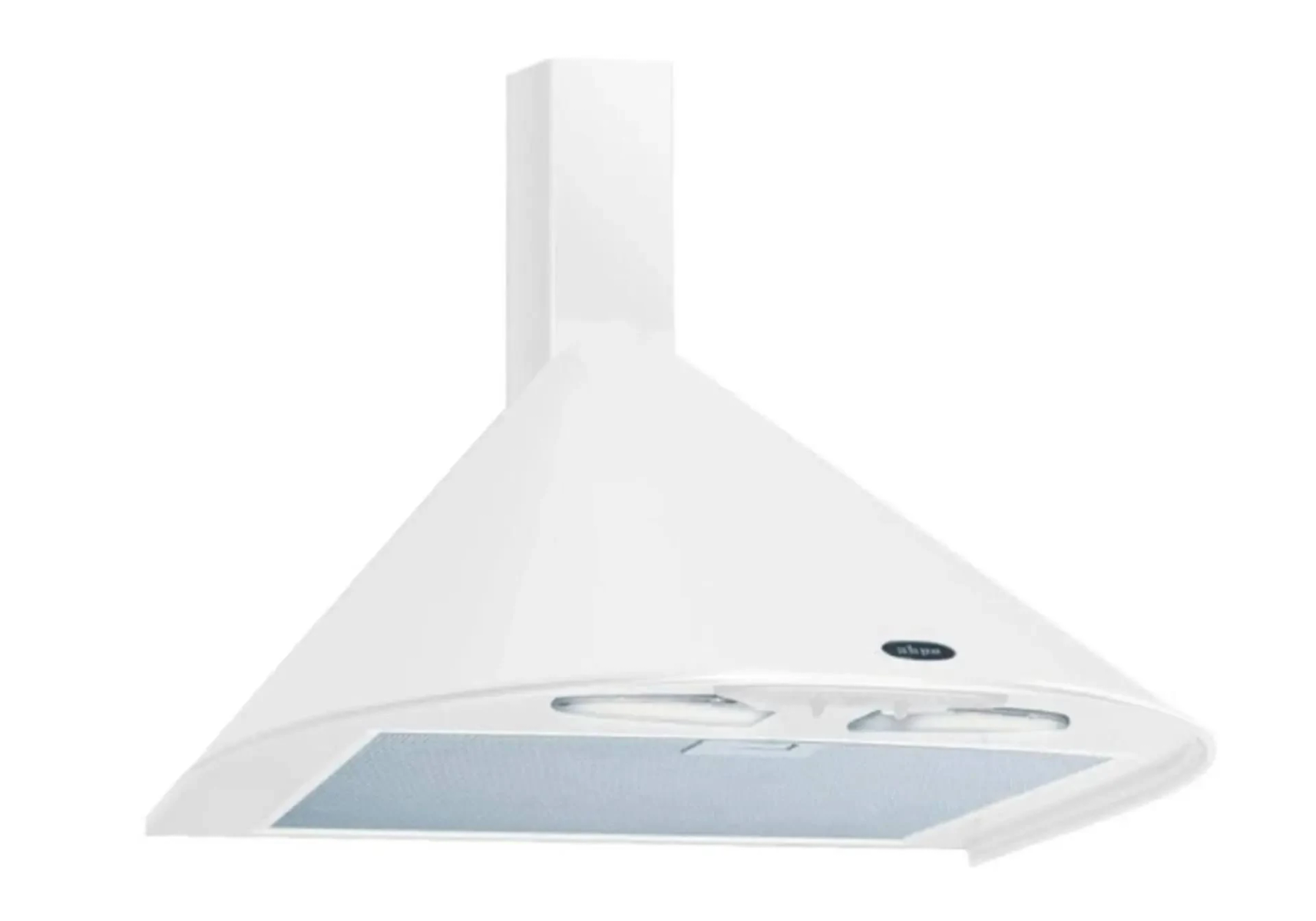 Biały okap kuchenny. Ma trójkątny kształt i prostokątny komin. Tło jest białe.