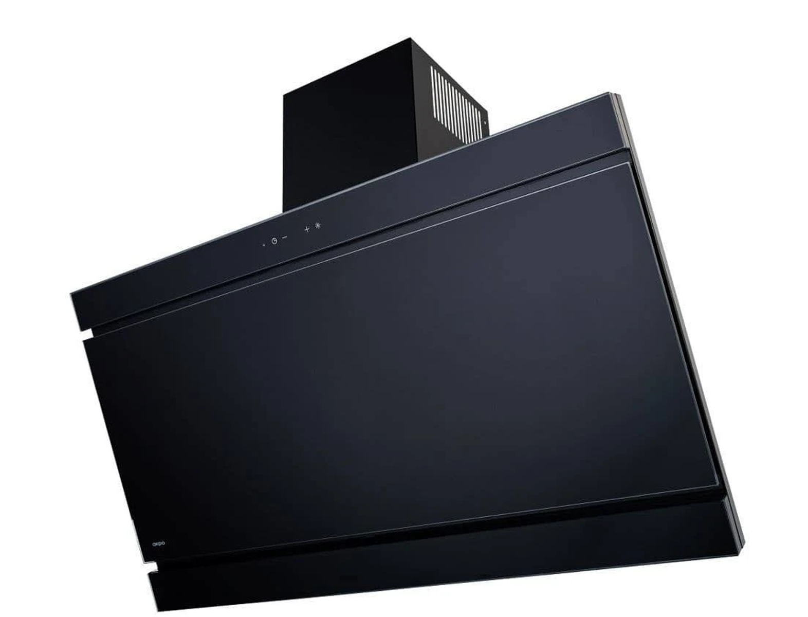 Nowoczesny czarny okap o prostokątnym kształcie, z przyciskami sterowania. Tło jest białe.