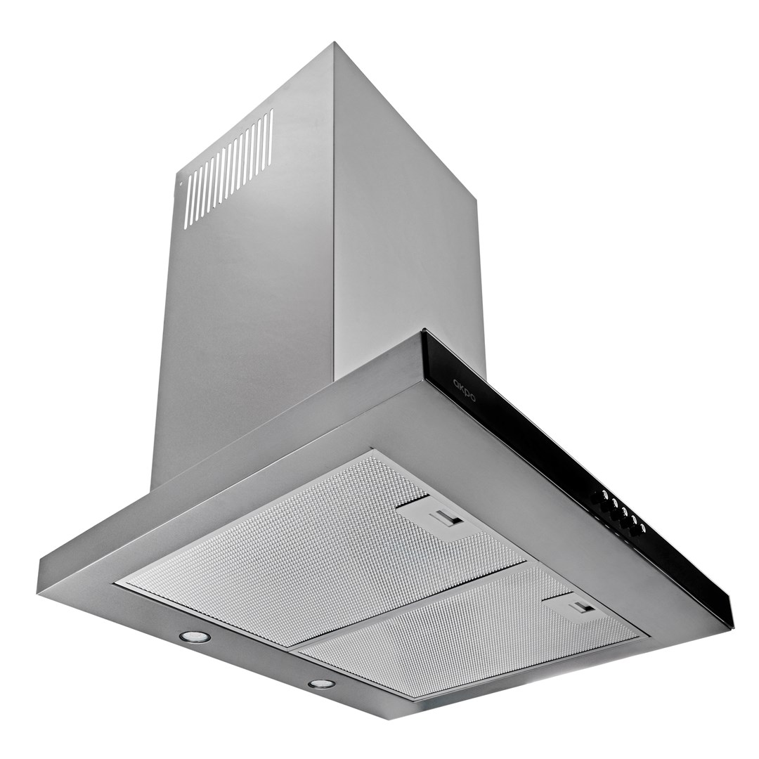 Okap ze stali nierdzewnej o prostokątnym kształcie, z filtrem siatkowym, światłami i czarnym panelem sterowania.