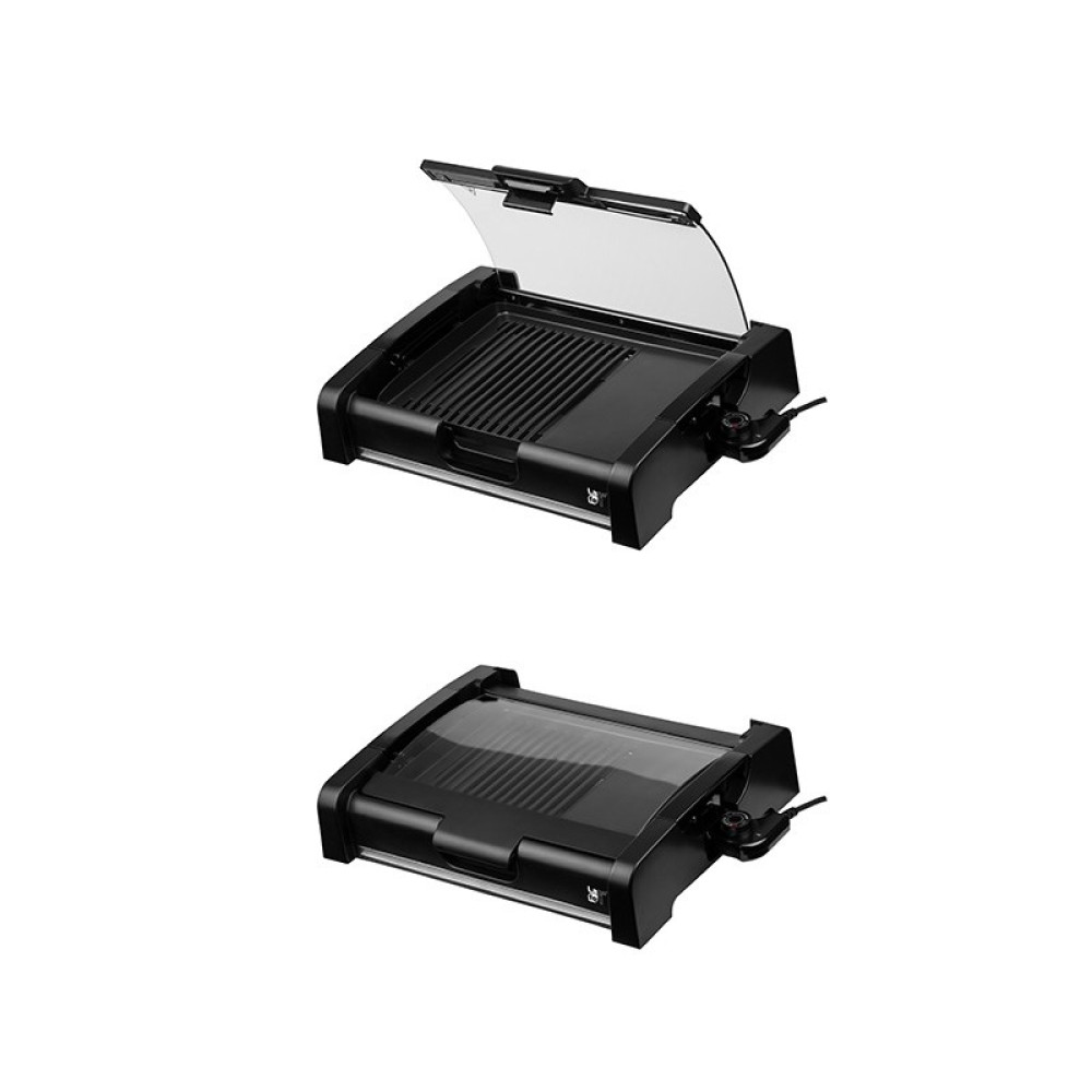 Dwa czarne grille elektryczne, jeden z otwartą pokrywą, drugi z zamkniętą. Oba mają żebrowane powierzchnie do gotowania i przewody zasilające.