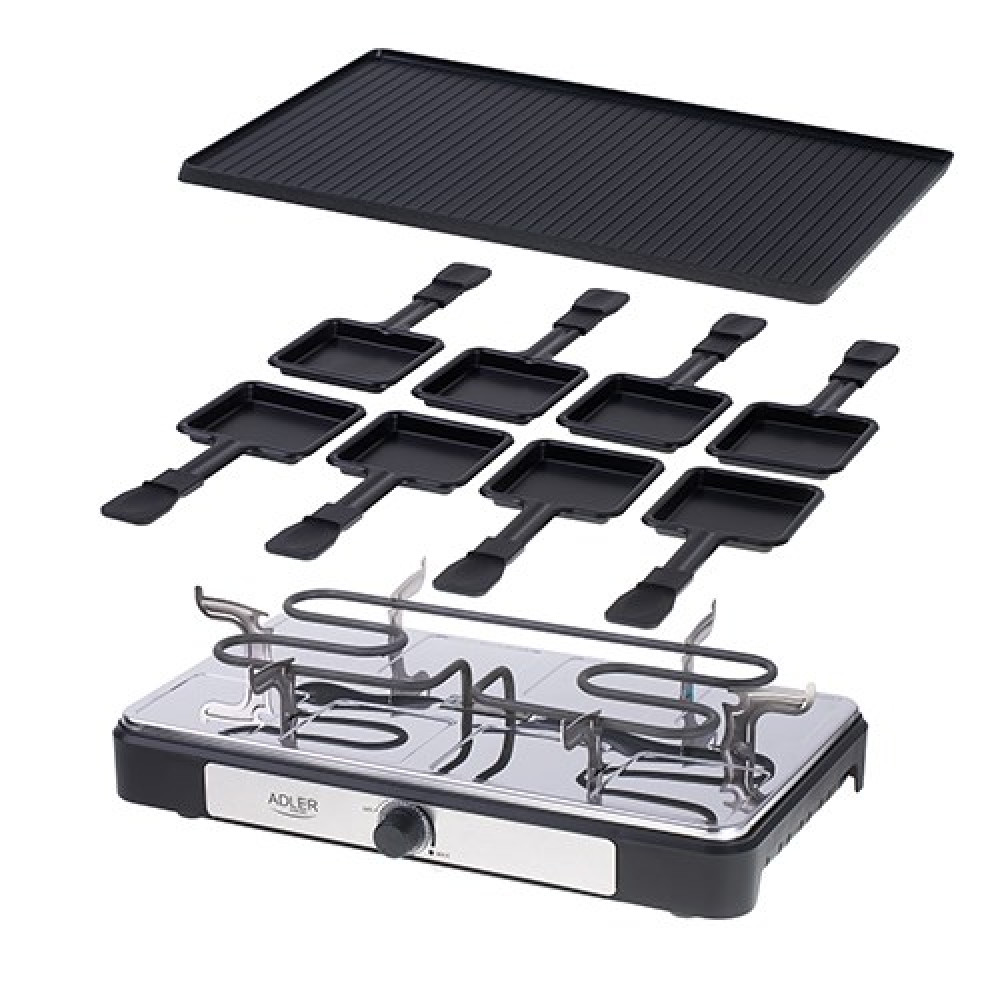 Zestaw do grillowania raclette z czarną płytą grillową, ośmioma małymi patelniami i urządzeniem grzewczym z pokrętłem i srebrnymi akcentami.