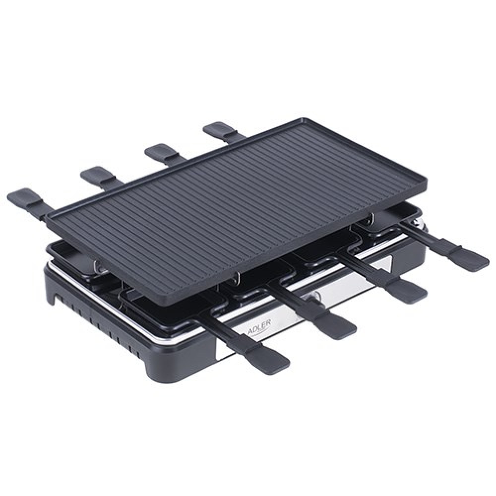 Czarny grill do raclette z żebrowanym blatem i wieloma uchwytami jest wyświetlany na białym tle.