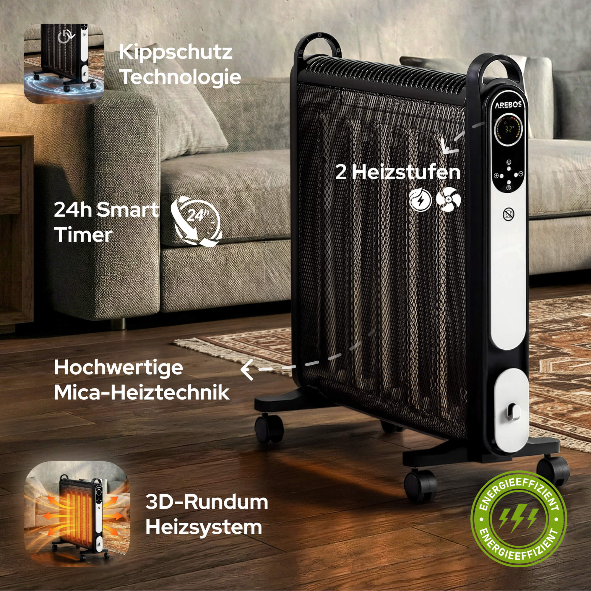 Schwarzer Heizkörper mit Digitalanzeige. Merkmale: Timer, Sicherheit und Energieeffizienz. Auf Holzfußboden.