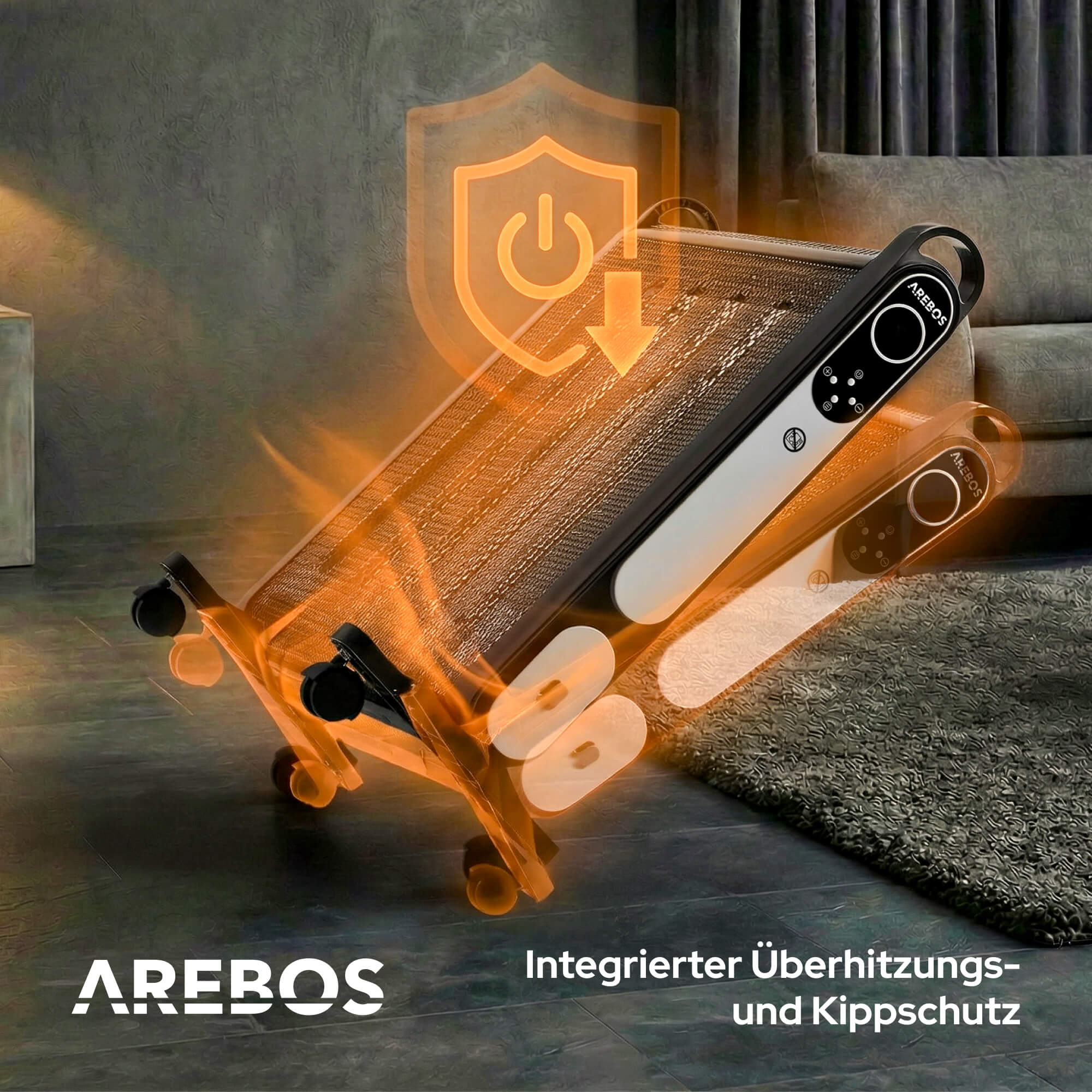 Gezeigte Heizung mit Rädern. Sie hat ein digitales Bedienfeld. Ein Schildsymbol mit einem Energiesymbol ist überlagert.