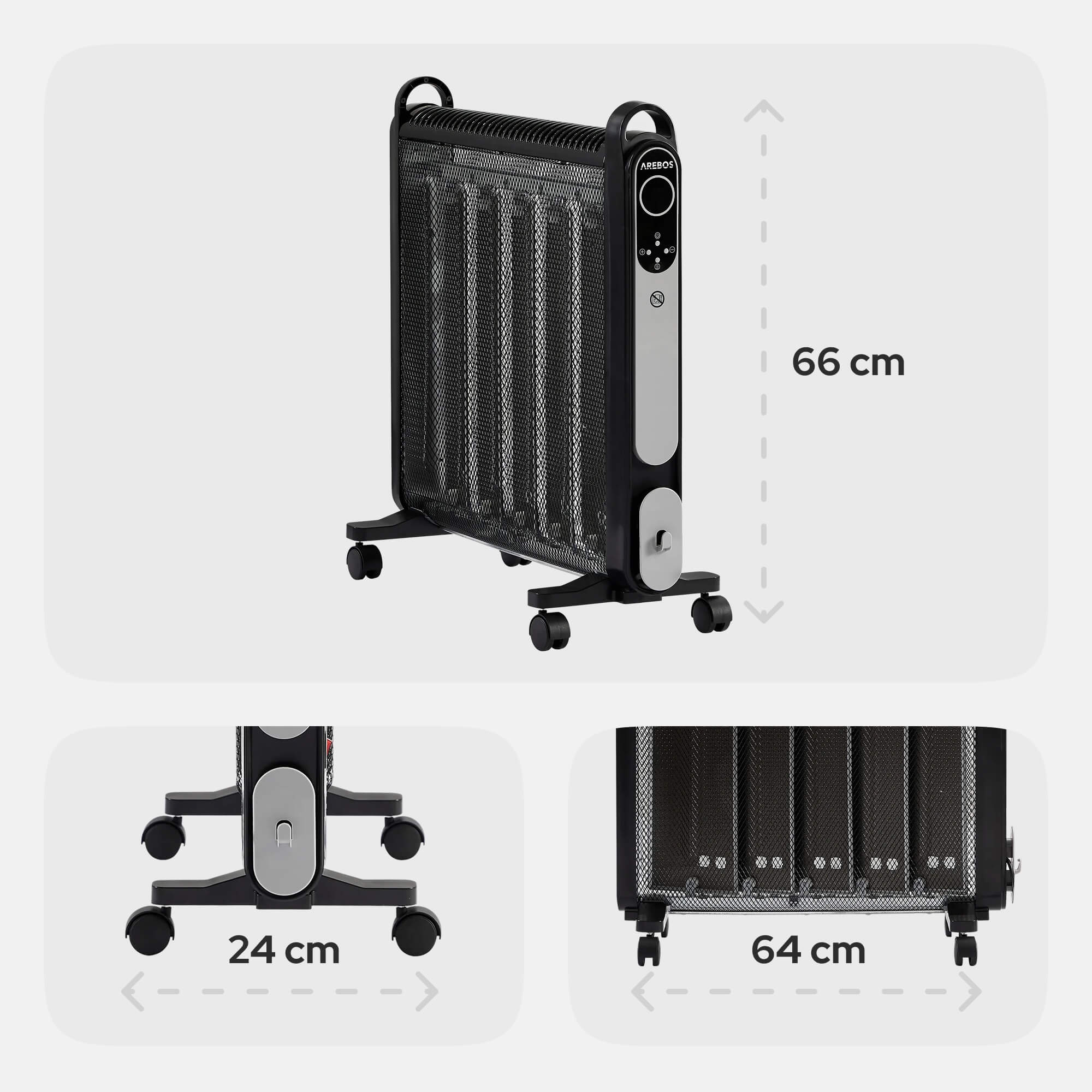 Schwarzer Ölradiator auf Rädern. Er hat ein Digitaldisplay und ist 66 cm hoch, 64 cm breit und 24 cm tief.