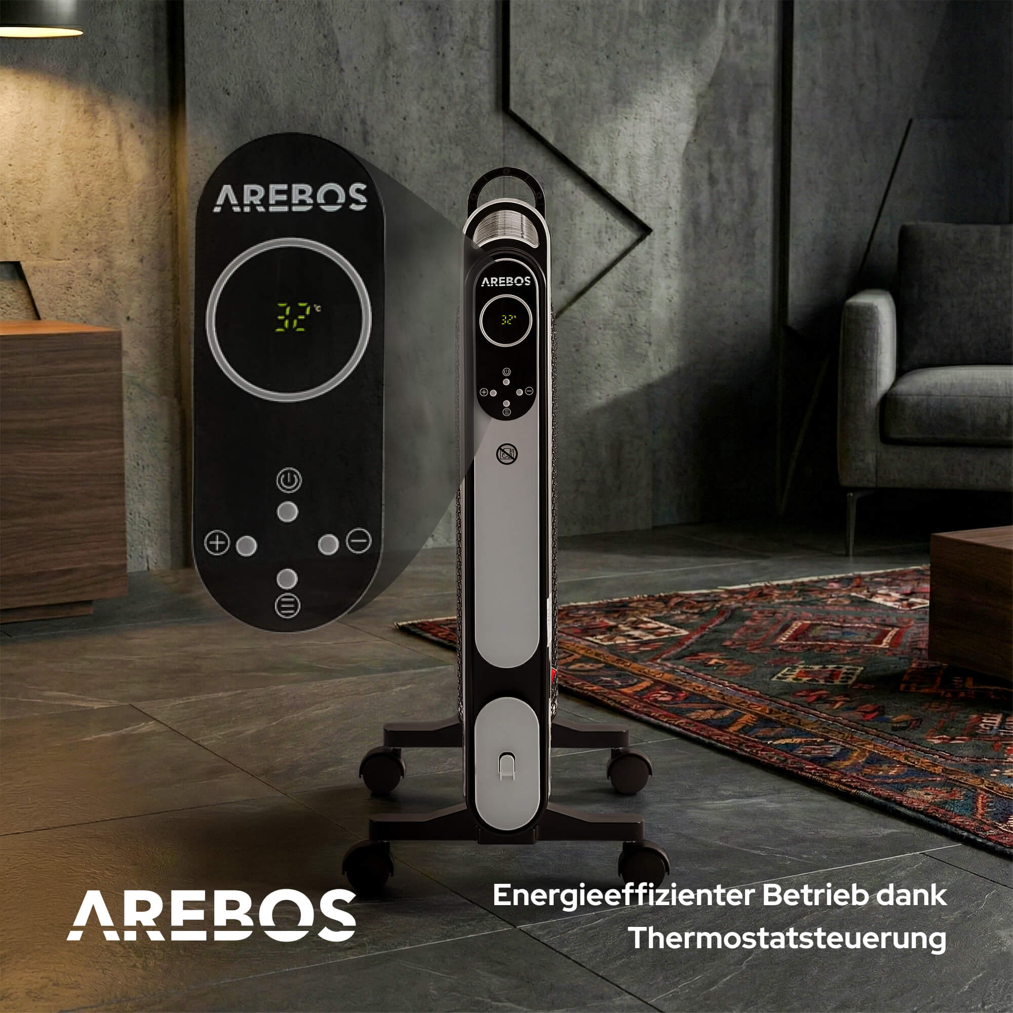 Ein moderner Arebos-Ölradiator mit digitaler Anzeige, in einem Wohnzimmer mit Teppich und Sofa.