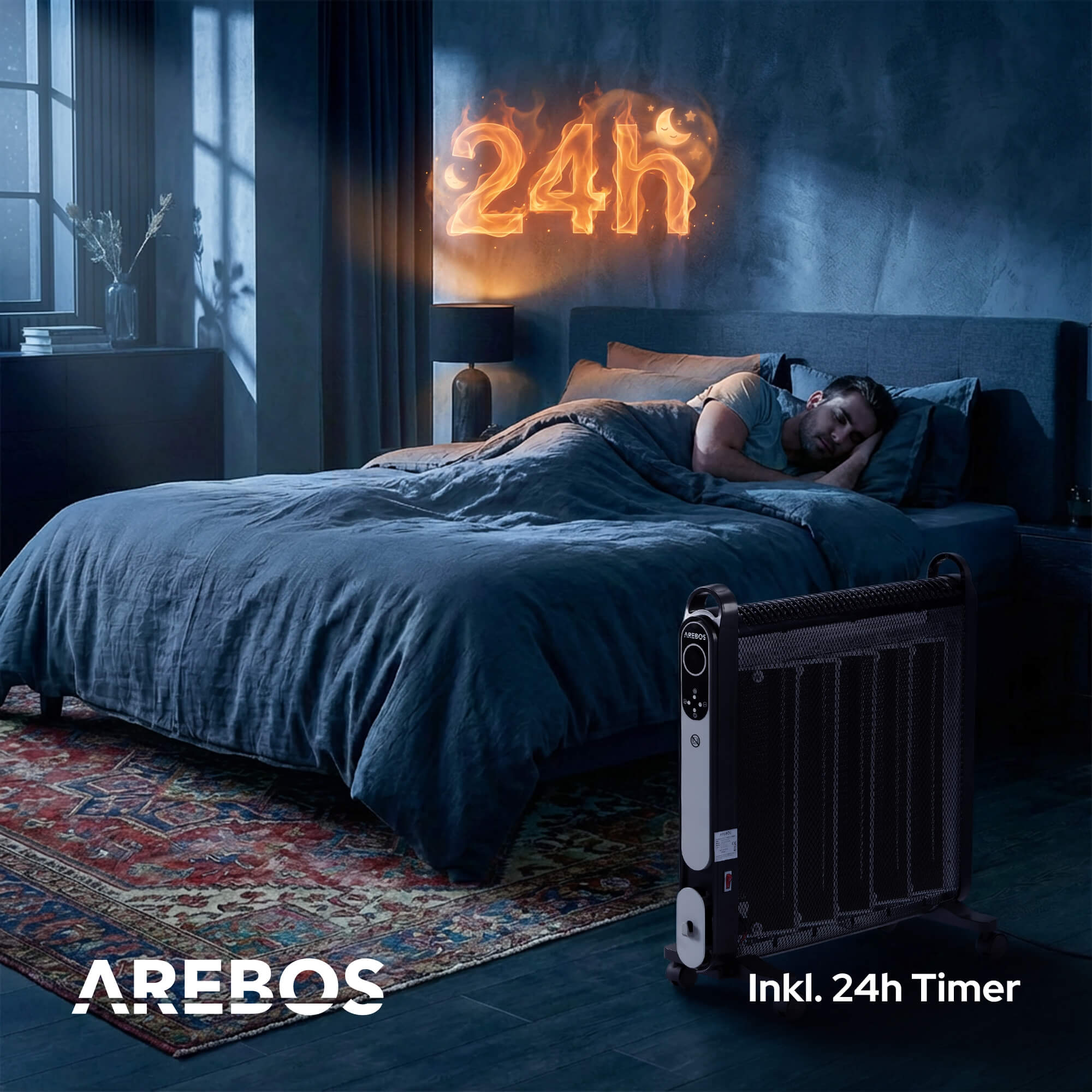 Mann schläft im Bett. Feuerähnliches 24h-Symbol darüber, Heizung im Vordergrund. Schlafzimmer, dunkelblau.