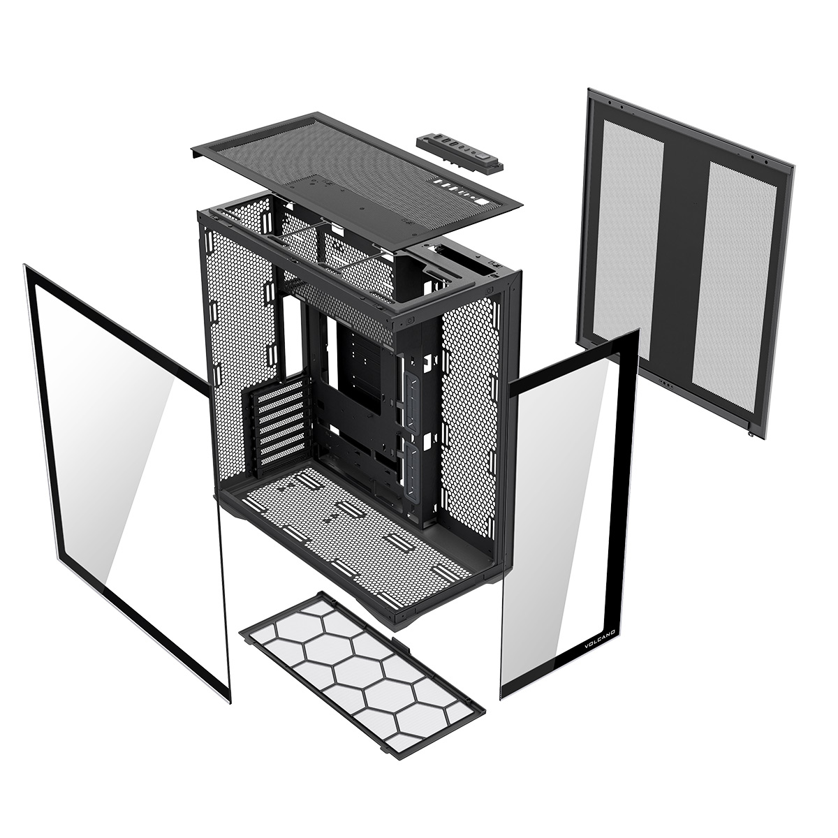 Widok rozłożony czarnej obudowy komputera ze szklanymi panelami, siatką i wyjmowanymi częściami, pokazujący strukturę wewnętrzną.