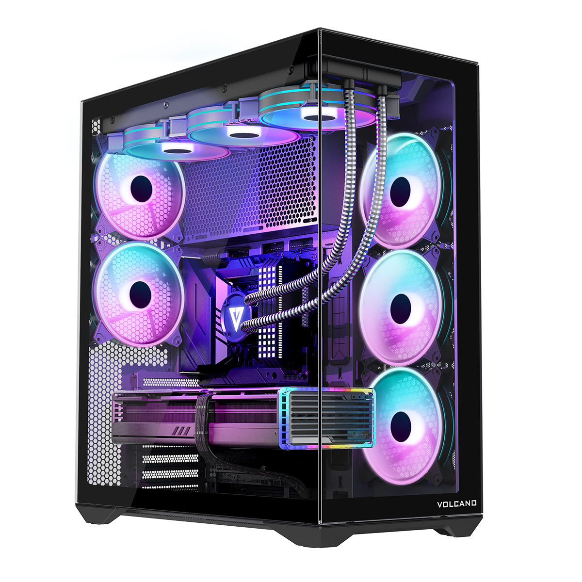 Obudowa komputera z wieloma wentylatorami podświetlonymi na niebiesko, fioletowo i różowo. Obudowa ma szklany panel boczny.
