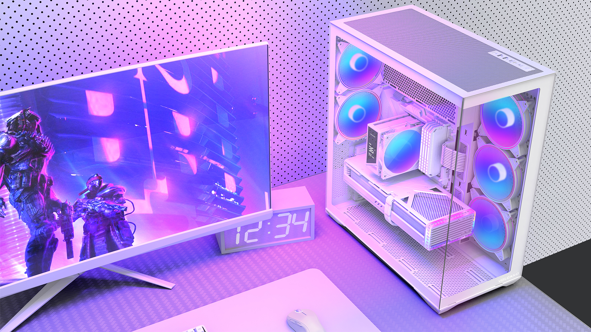 Konfiguracja komputera z monitorem, białą obudową PC z świecącymi wentylatorami i zegarem cyfrowym. Scena skąpana jest w fioletowym świetle.