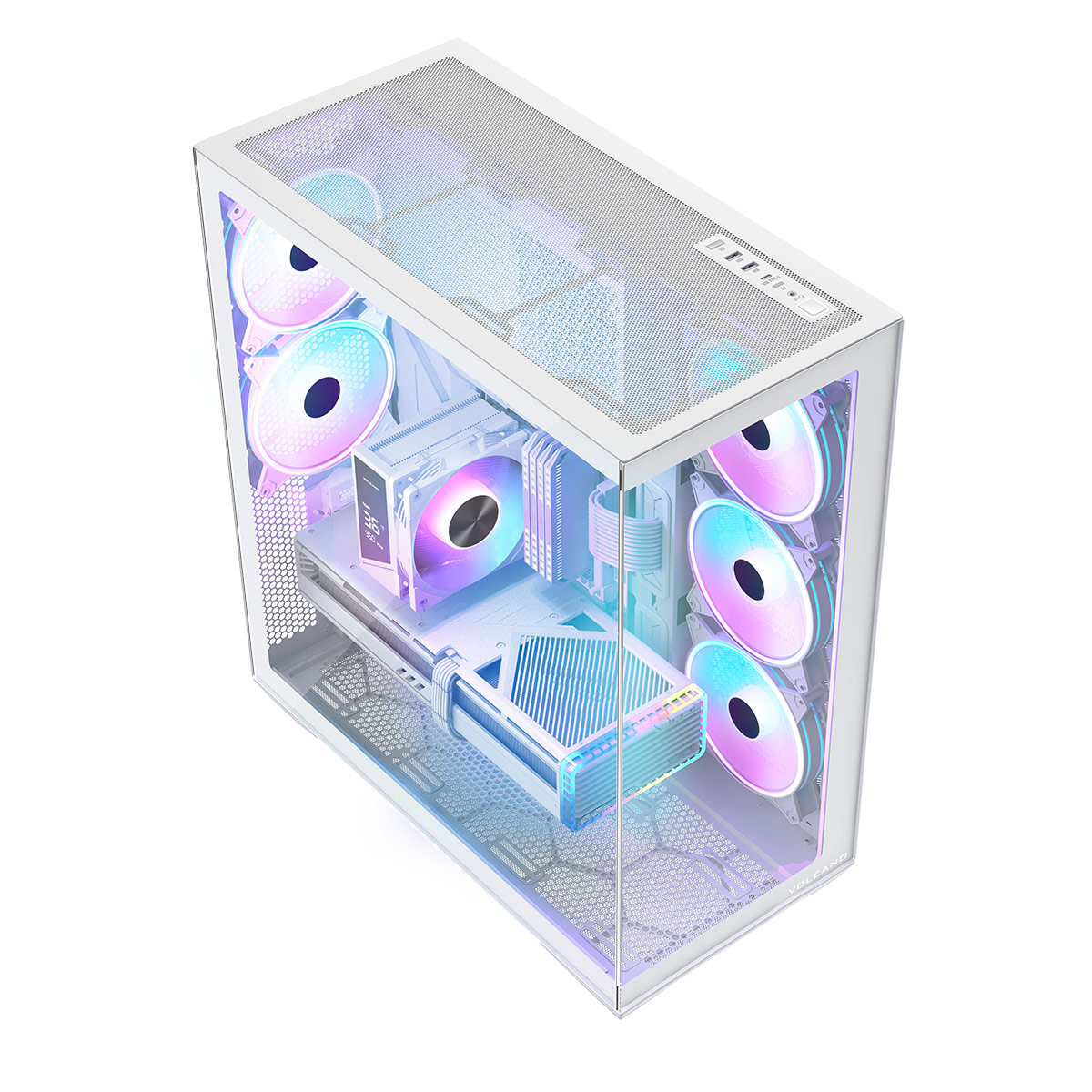 Biała obudowa komputera z wieloma wentylatorami z podświetleniem RGB. Obudowa ma szklany panel boczny, odsłaniający komponenty wewnętrzne.
