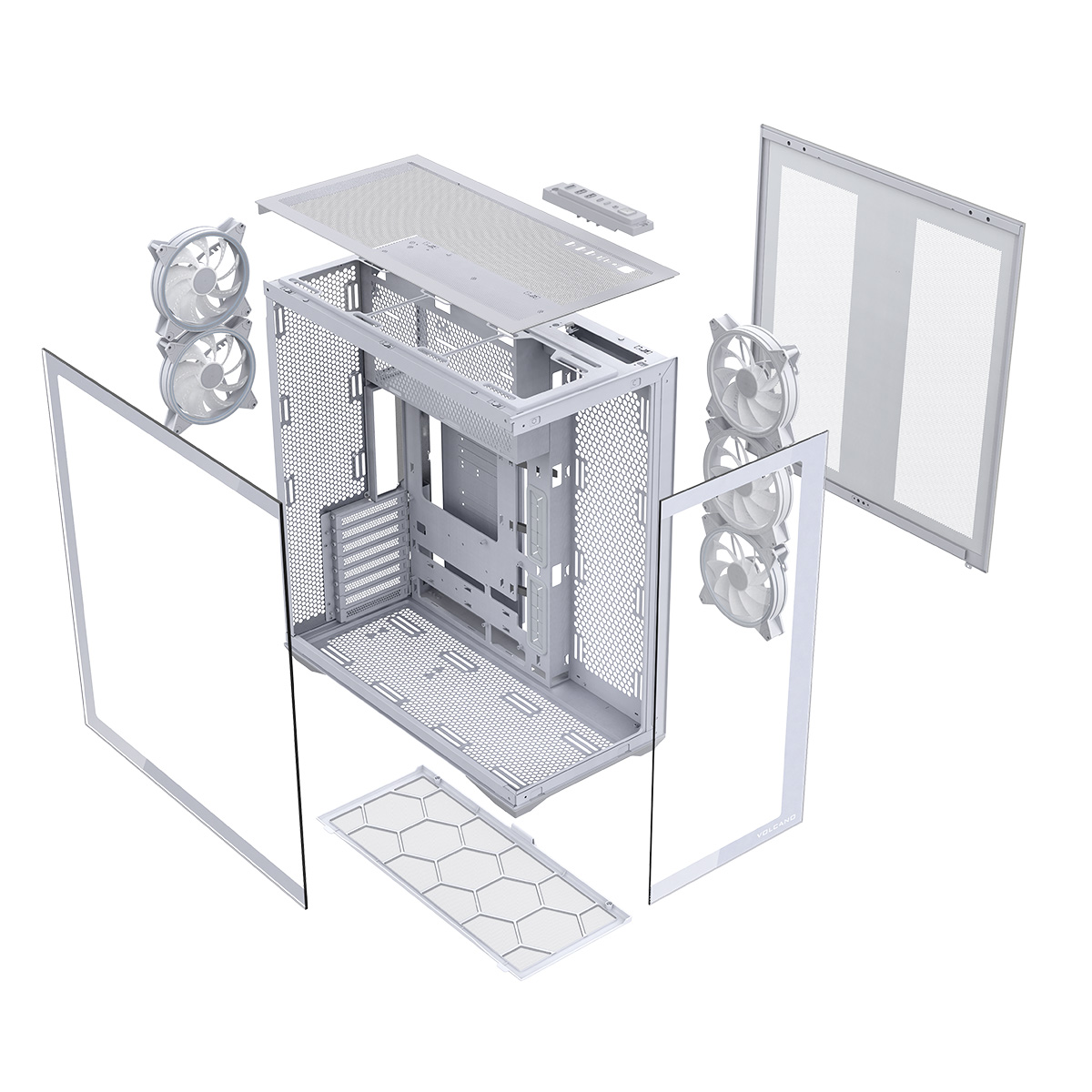 Widok rozłożony białej obudowy komputera. Elementy to wentylatory, szklane panele, filtry siatkowe i struktura wewnętrzna.