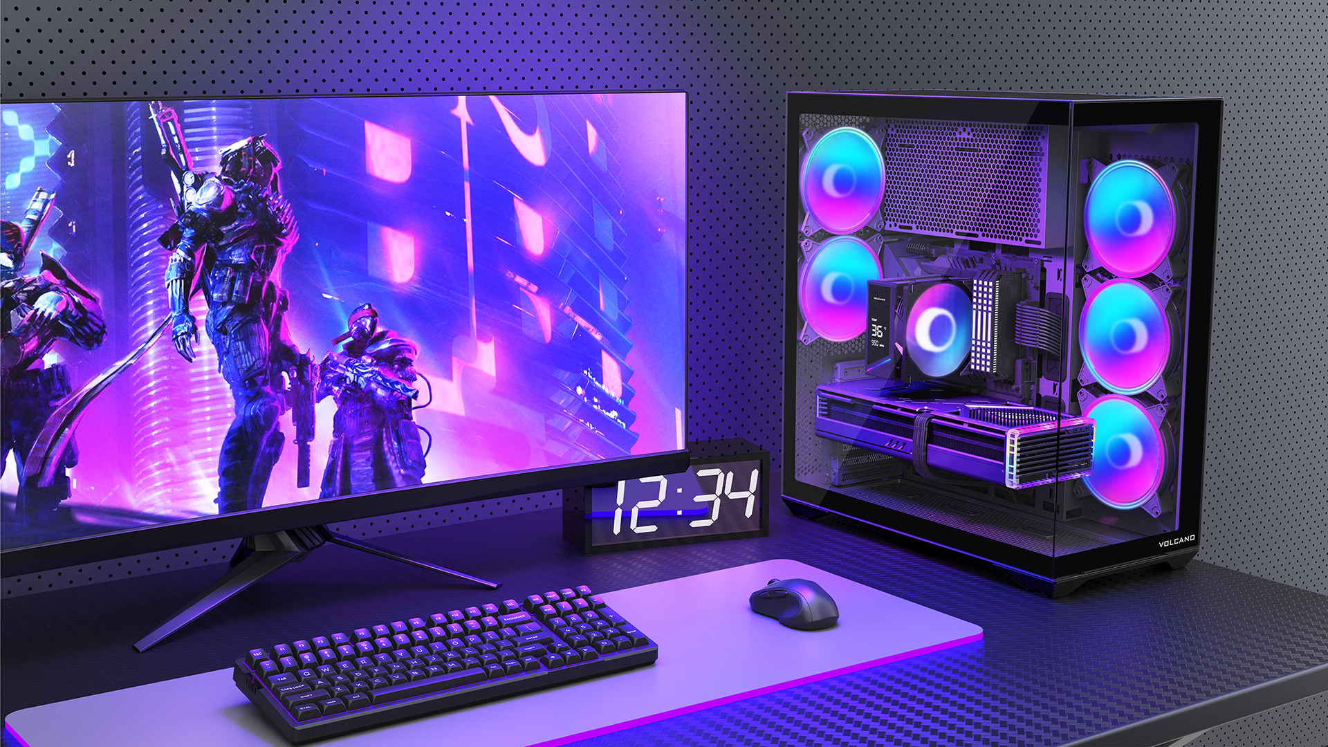 Konfiguracja do gier z monitorem wyświetlającym scenę z gry. Obudowa komputera z wentylatorami RGB. Widoczna klawiatura, mysz i zegar cyfrowy.