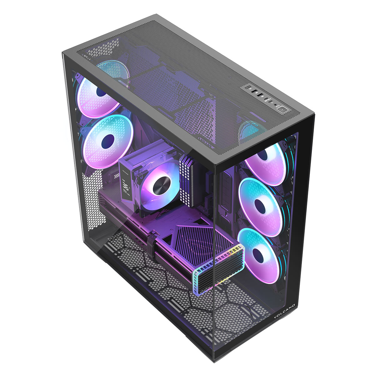 Obudowa komputera z kilkoma kolorowymi wentylatorami i komponentami, widocznymi przez szklany panel boczny. Obudowa jest czarna.