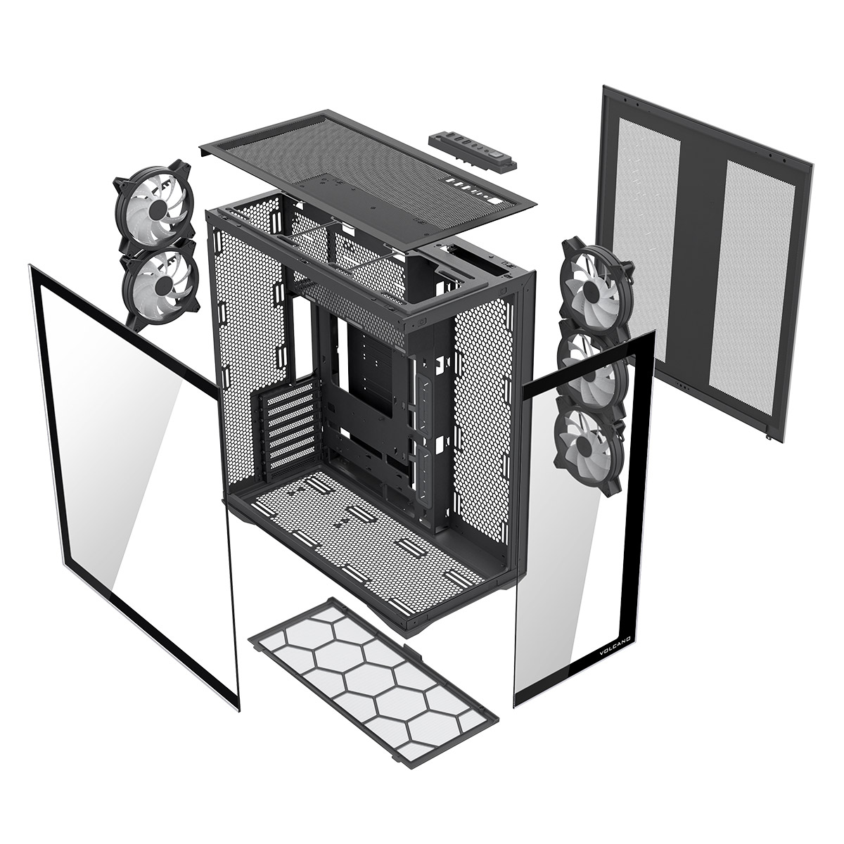 Widok rozstrzelony obudowy komputera z oddzielnymi komponentami. Zawiera wentylatory, panele, siatkę i główną ramę, wszystko czarno-białe.