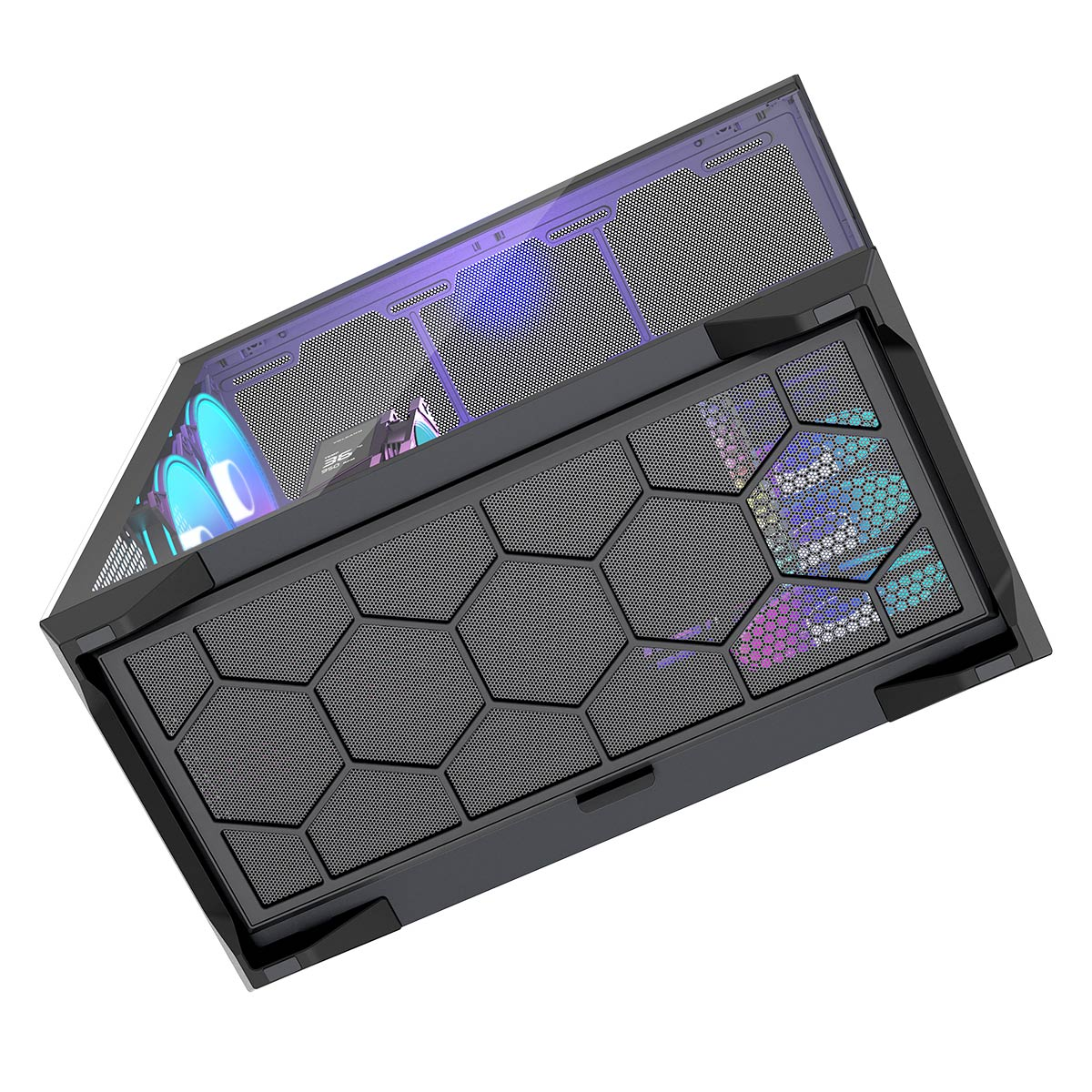 Widok z góry na czarną obudowę komputera z siatkowym panelem przednim i kolorowymi światłami wewnętrznymi. Wzór sześciokątów.