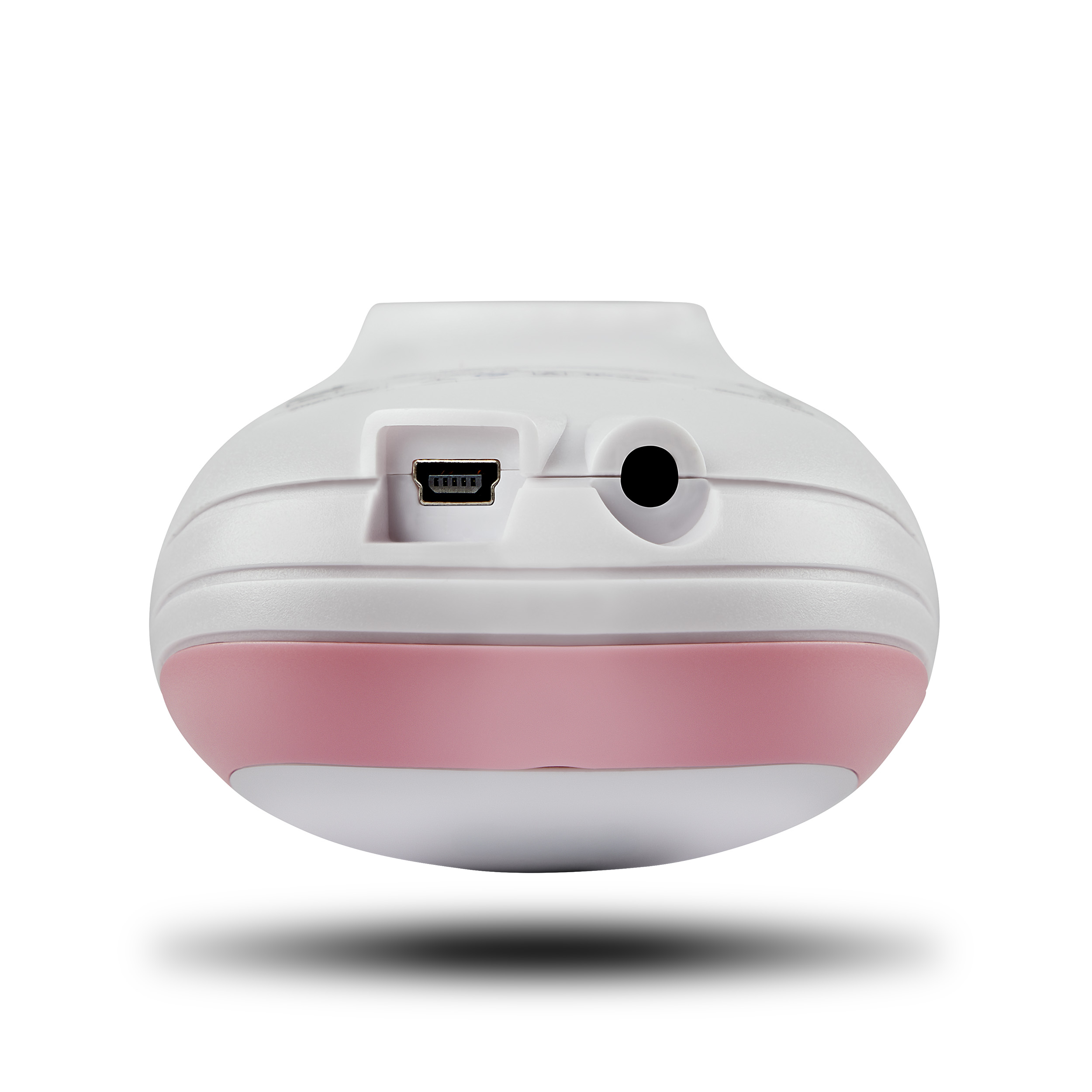 Ein weißes und rosa medizinisches Gerät hat einen USB-Anschluss und eine Kopfhörerbuchse.