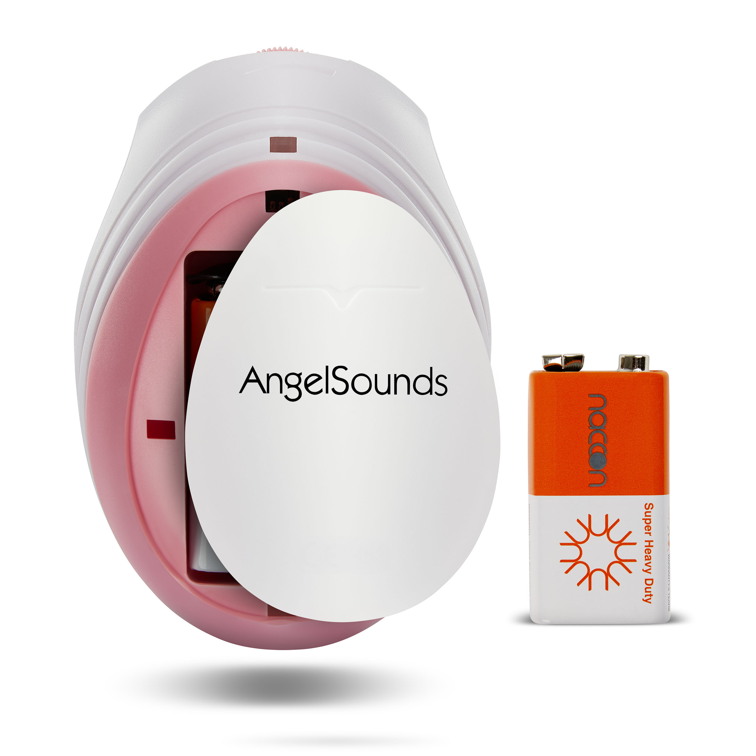 Ein weißes und rosa AngelSounds-Gerät mit Batterie. Eine 9V-Batterie befindet sich neben dem Gerät. Weißer Hintergrund.