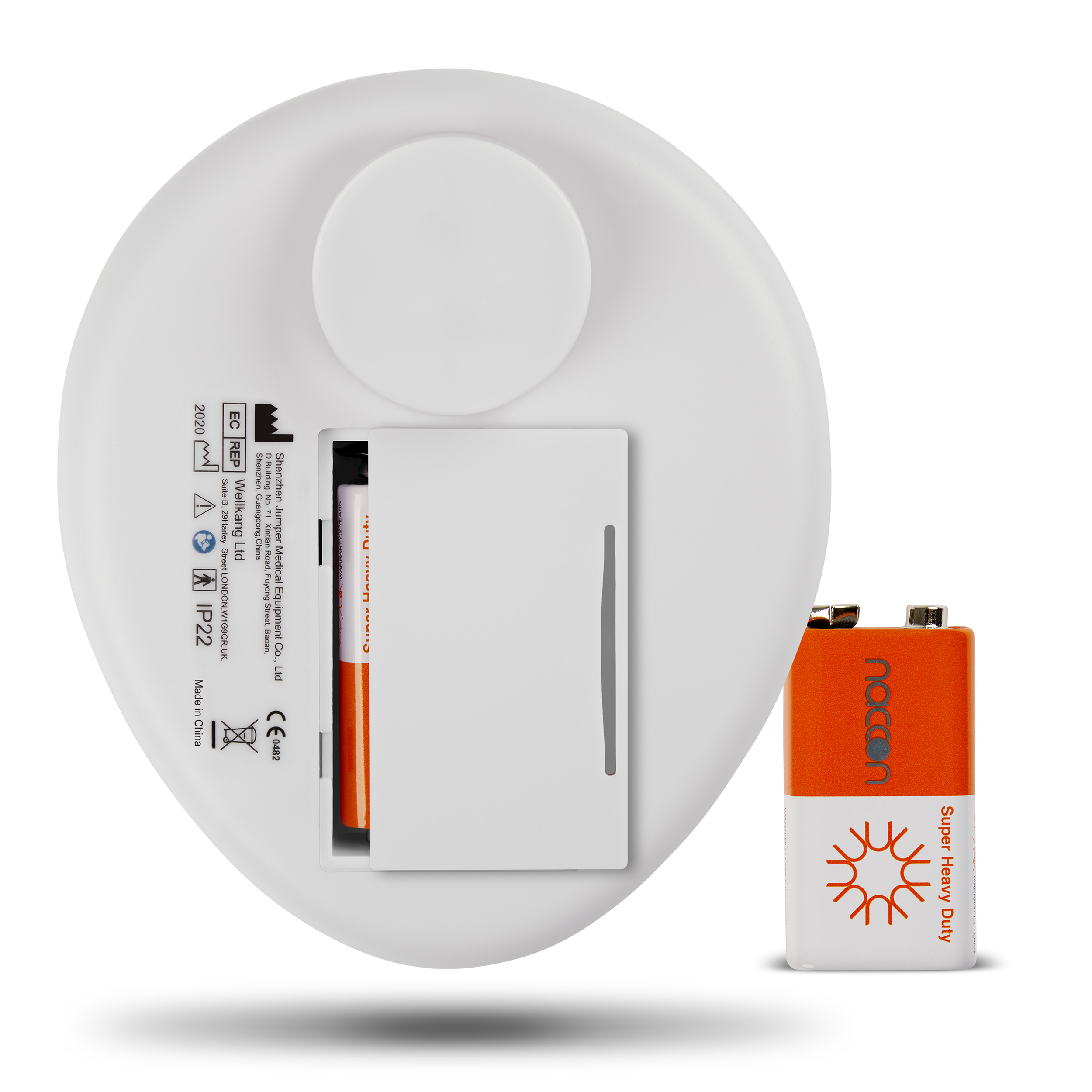 Ein weißes medizinisches Gerät mit Batteriefach und 9V-Batterie auf weißem Hintergrund.