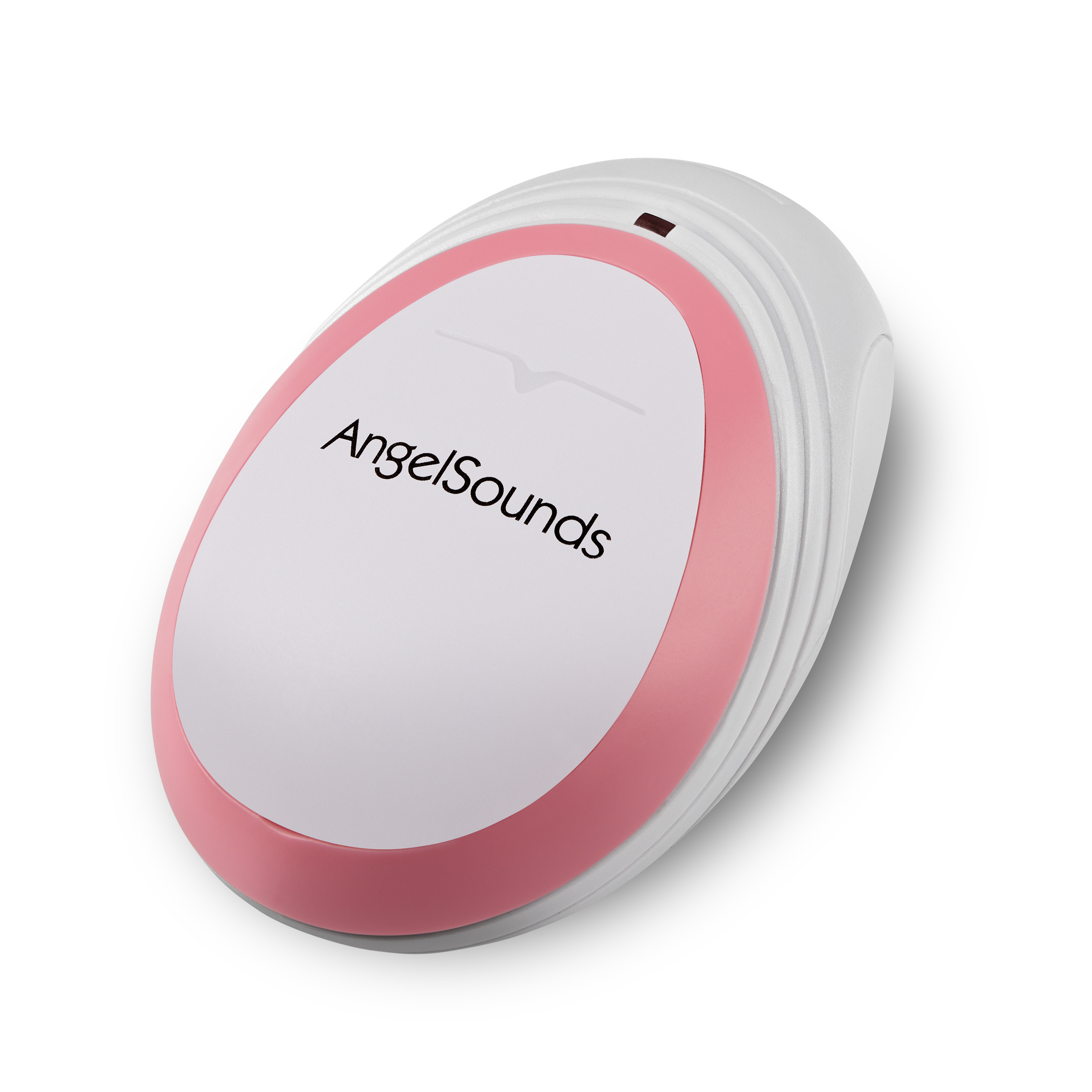 Ein AngelSounds Fetal-Doppler. Er ist weiß und rosa mit den Worten 'AngelSounds'.