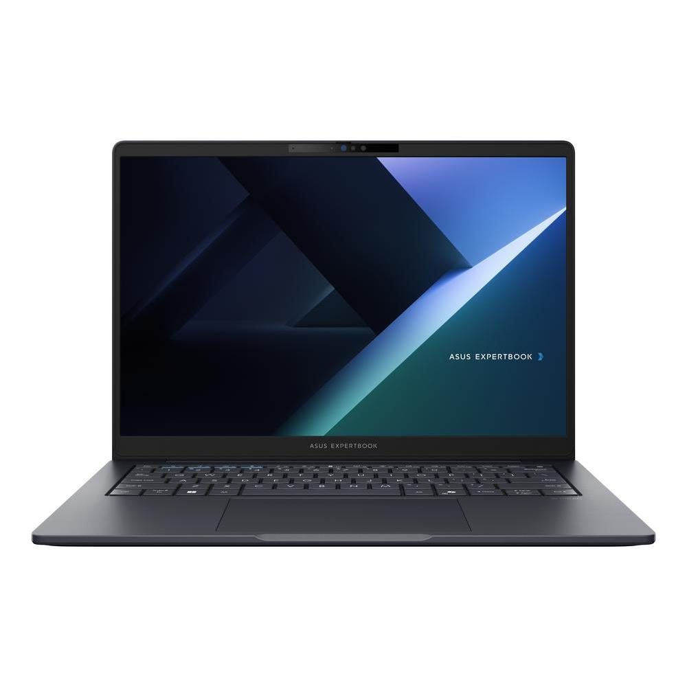 Una computadora portátil gris oscuro está abierta, mostrando un diseño abstracto azul y negro. El teclado es visible y la pantalla tiene el texto 'ASUS EXPERTBOOK'.