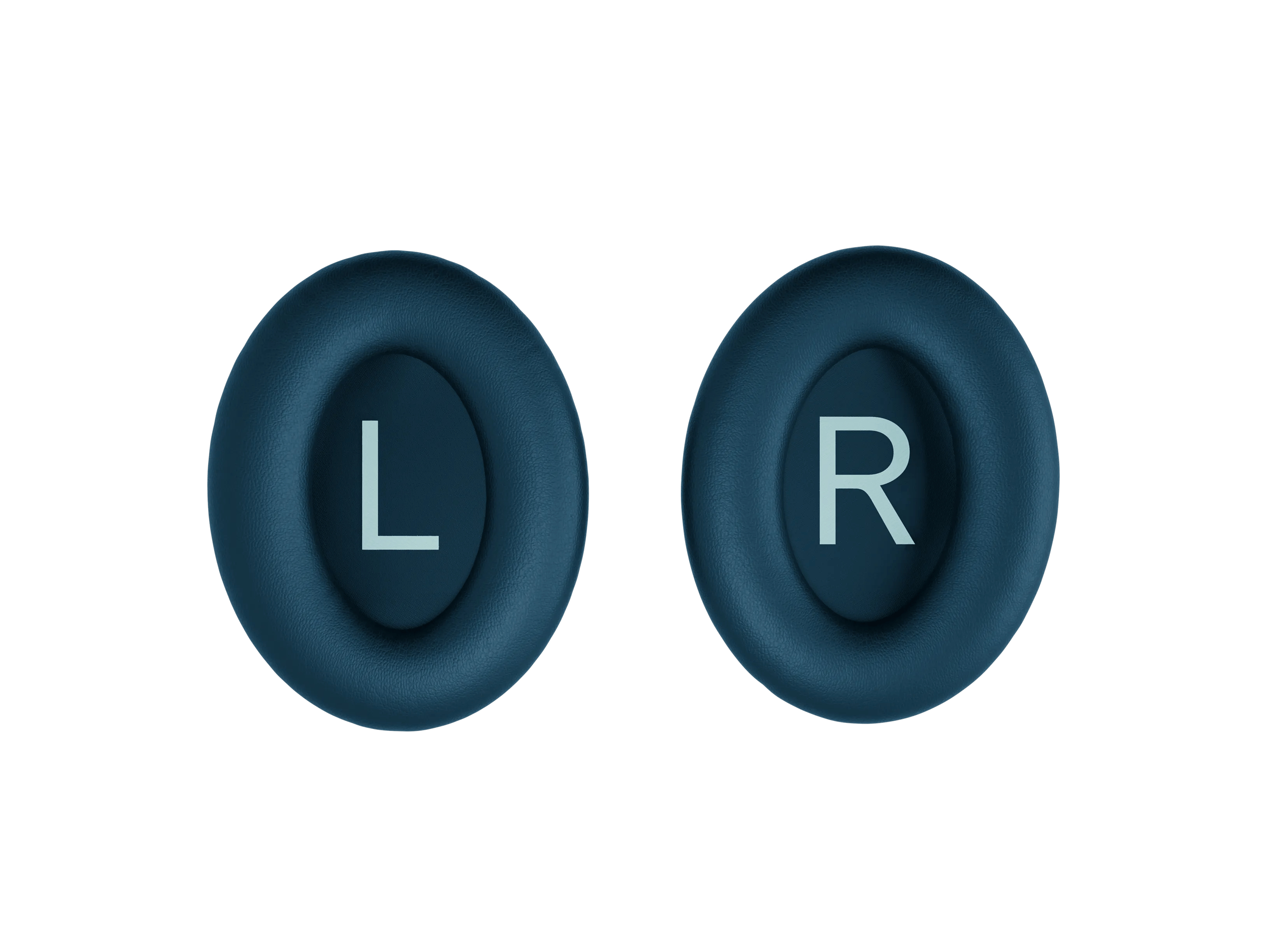 Due cuscinetti auricolari color teal su sfondo bianco. Uno ha una 'L', l'altro una 'R' al centro.