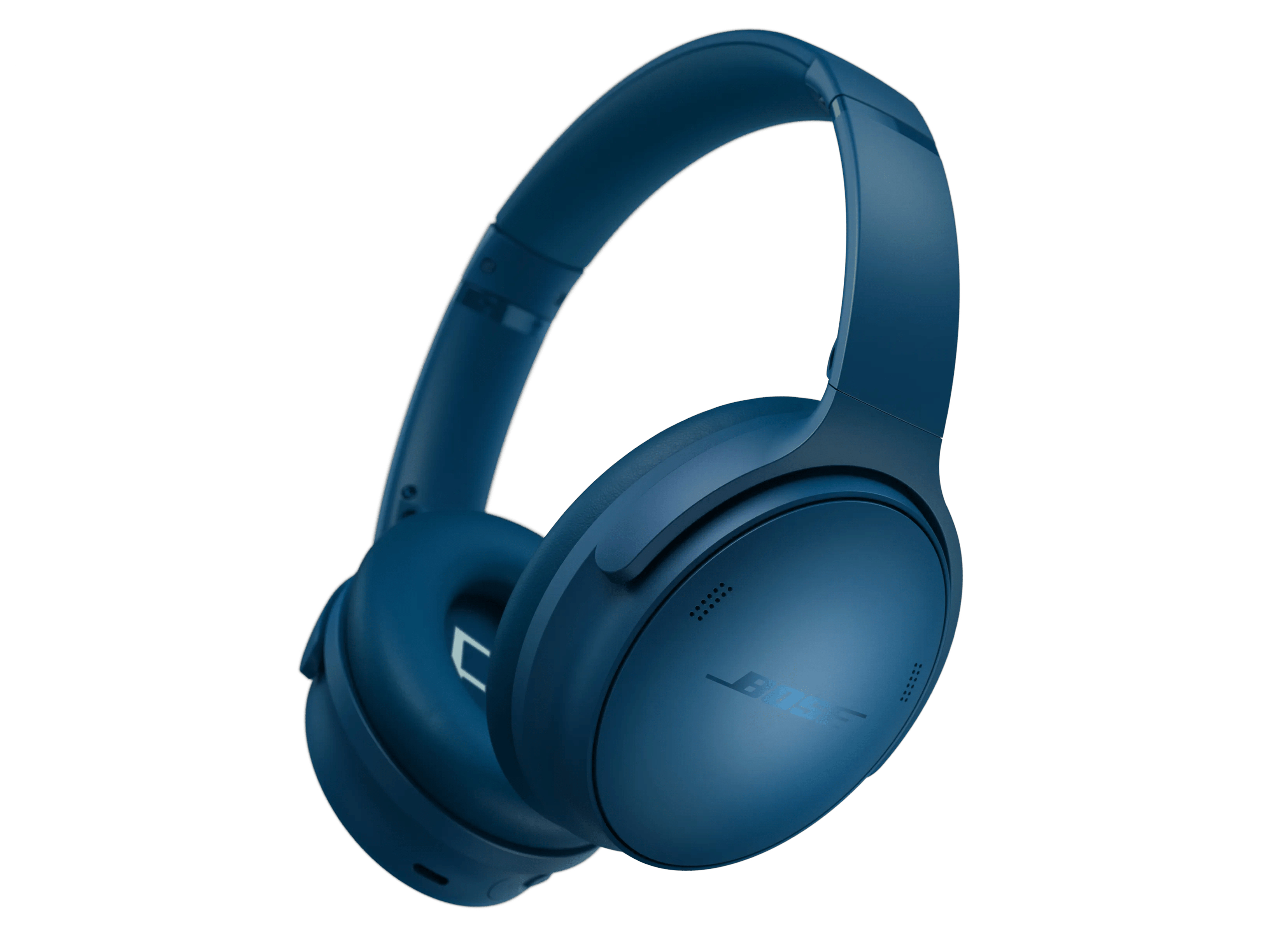 Un paio di cuffie Bose blu su sfondo bianco. Il marchio è visibile sul padiglione auricolare.