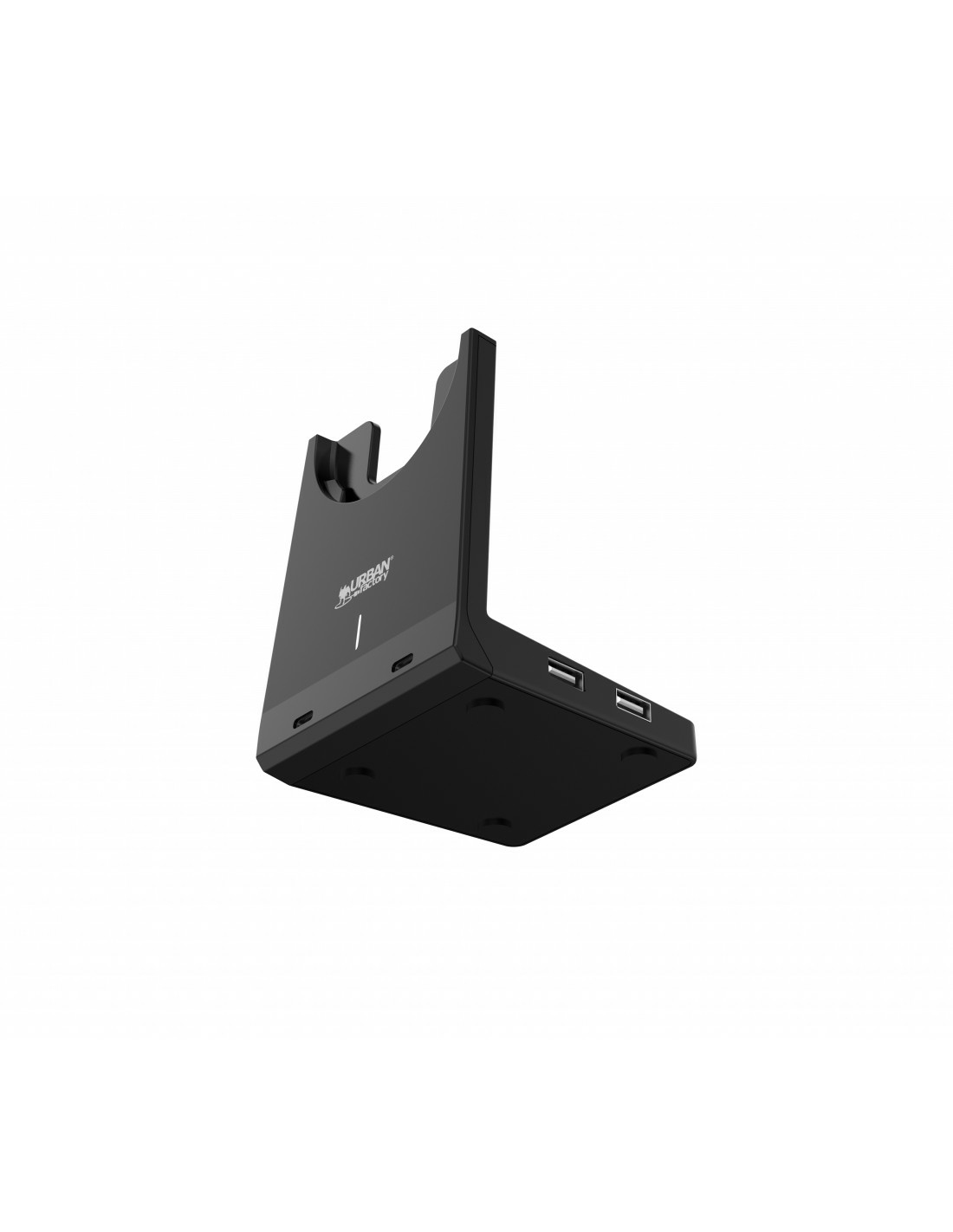 Un caricabatterie USB nero Urban Factory su sfondo bianco. Ha più porte USB e uno slot per un dispositivo.