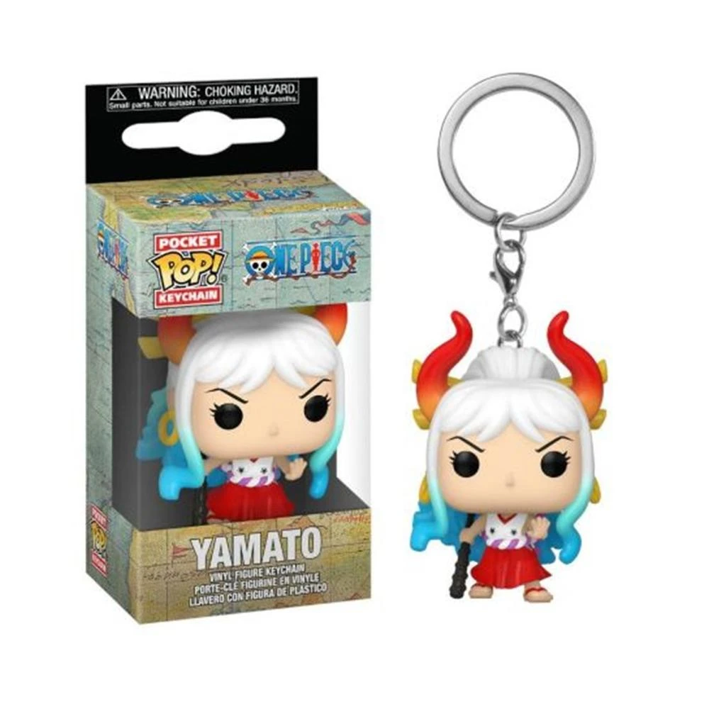 Yamato-Schlüsselanhänger-Figur. Weißes Haar, rote Hörner, roter Rock, blaue Akzente. In der Box und als separater Schlüsselanhänger.