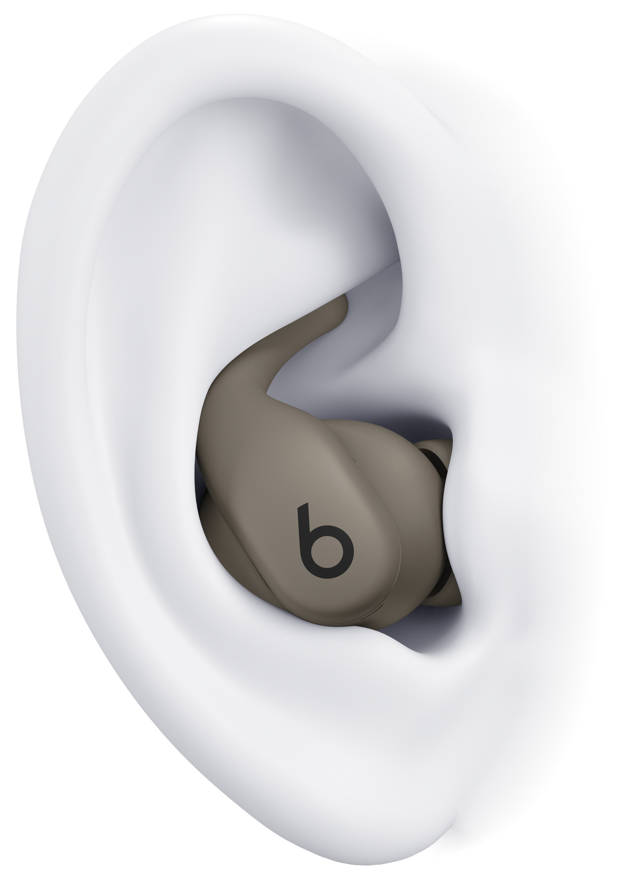 Ucho z szarą wkładką douszną w środku. Wkładka douszna ma czarne logo 'b'.