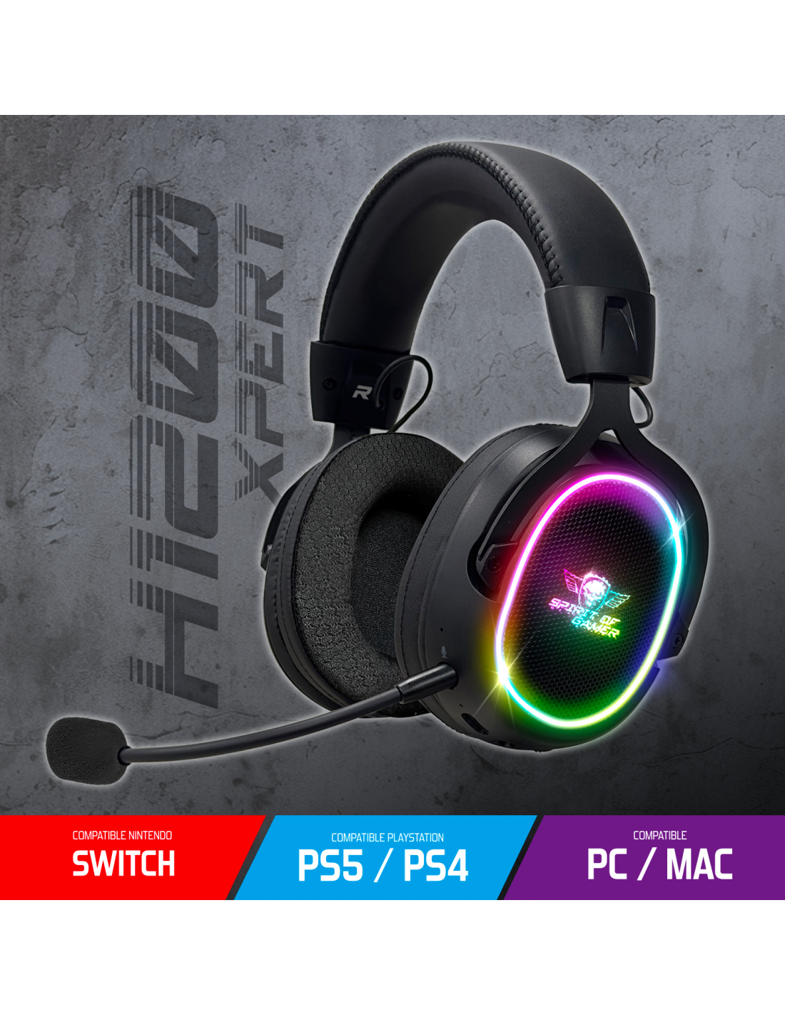 Schwarzes Gaming-Headset mit Mikrofon. Die Ohrmuscheln haben einen bunten Lichtring. Kompatibel mit Switch, PS5/PS4 und PC/Mac.