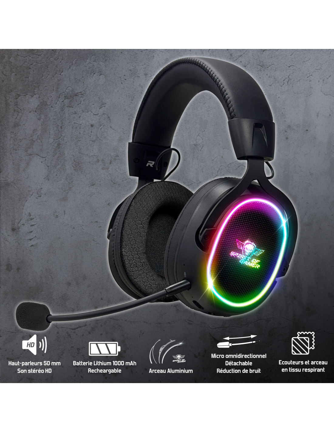Schwarzes Gaming-Headset mit RGB-Beleuchtung. Merkmale sind Mikrofon, Aluminiumrahmen und atmungsaktive Ohrmuscheln. Verschiedene Symbole sind angezeigt.