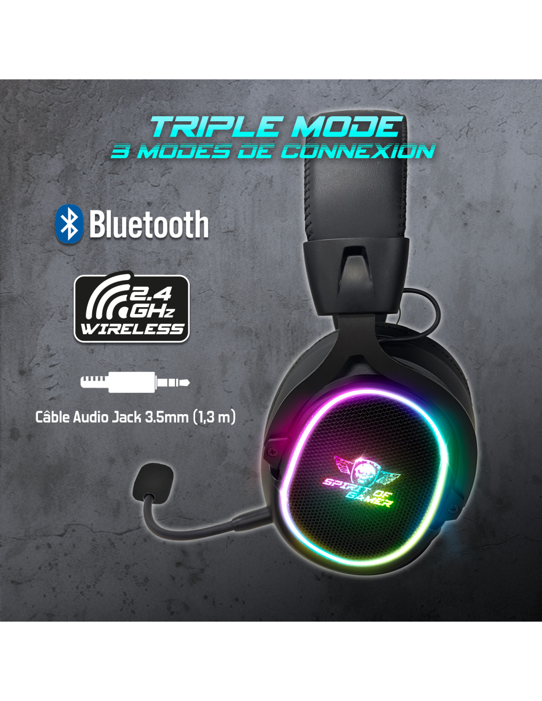 Schwarzes Gaming-Headset mit RGB-Beleuchtung. Verfügt über Bluetooth, 2,4 GHz Wireless und 3,5-mm-Audioanschluss.